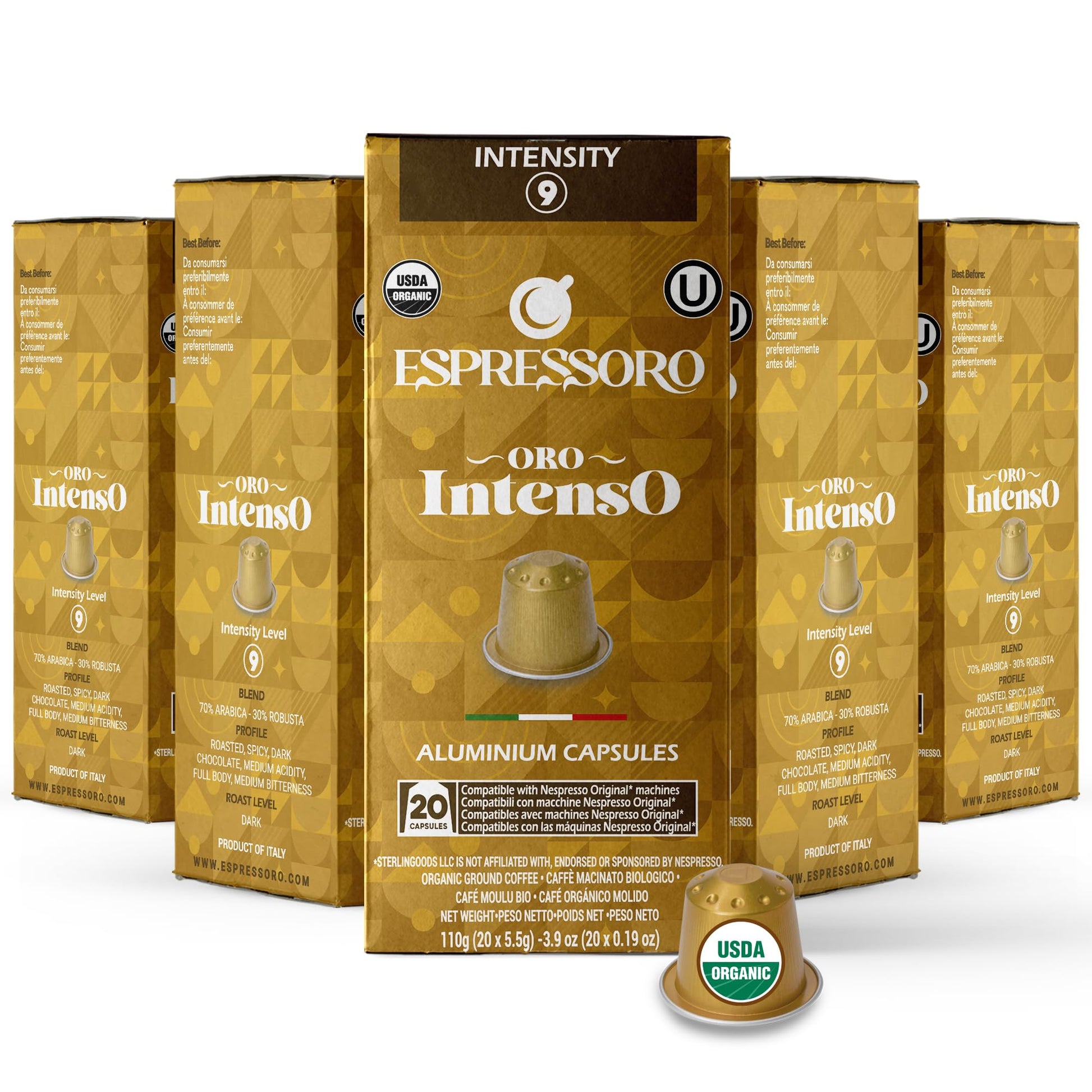 Espressoro Organic Espresso Pods - INTENSO, 20 Count Pack of 5, Aluminum Capsules for Nespresso Original Lines, Intensity 9