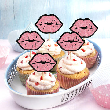 Cyodoos 24 Pcs Glitter Pink Lip Cupcake Toppers, Pink Glitter Girls Cupcake Toppers, Lip Cupcake Picks, Cake Topper For Wedding