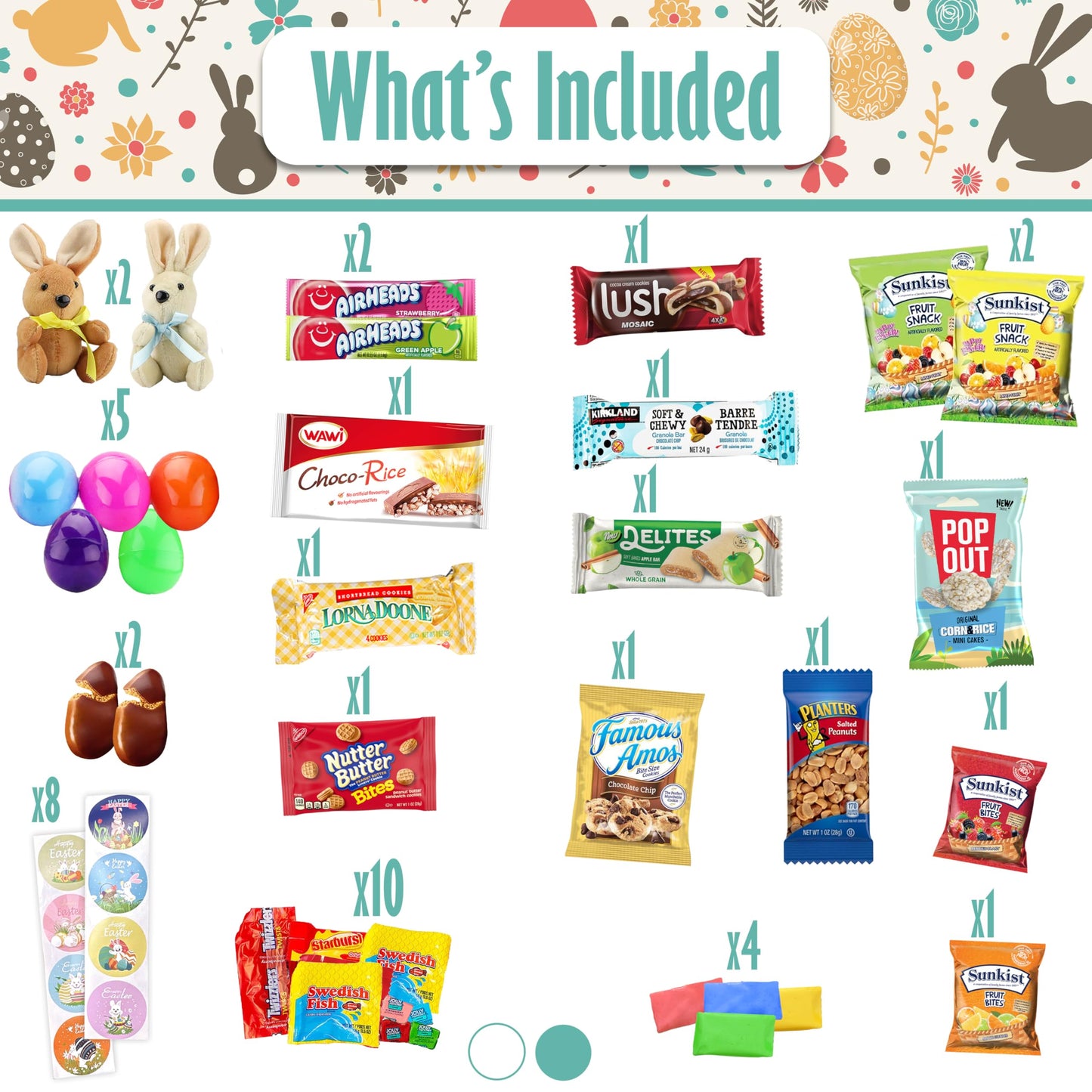 Easter Snack Blue Box (60 Count) Filled With Snacks, Candy, Peelable Gummies, Marshmallow Gummies And More, Great Package For Fa