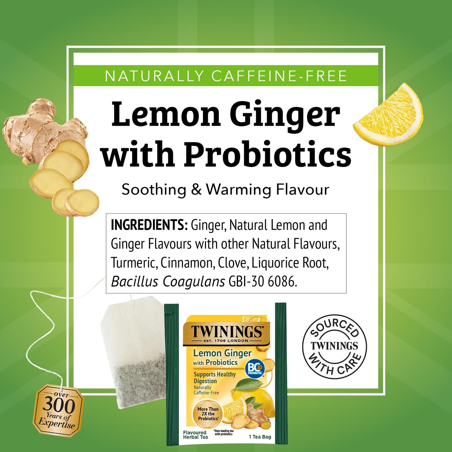 Twinings Superblends Probiotics+ Lemon & Ginger Flavoured Herbal Tea with Turmeric  Caffeine-Free  18 Count (Pack of 1)  Enjoy Hot or Iced  18 Teabags