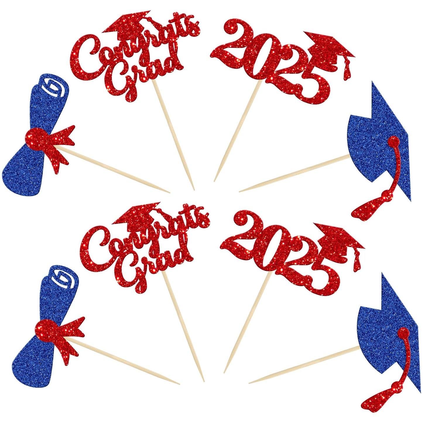 Gyufise 24Pcs Congrats Grad 2025 Cupcake Toppers Blue Red Graduation Cap Diploma Cake Decorations
