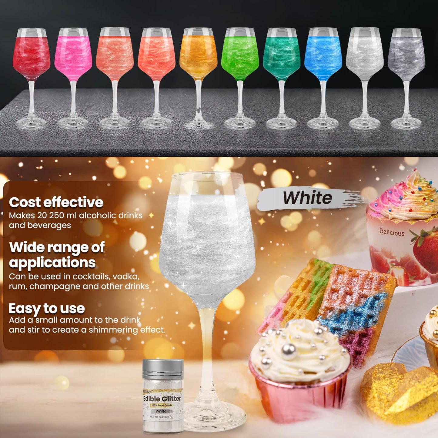 Dazzjoy Edible Glitter, Food Grade Shimmer for Cake Decorating, 7g, White