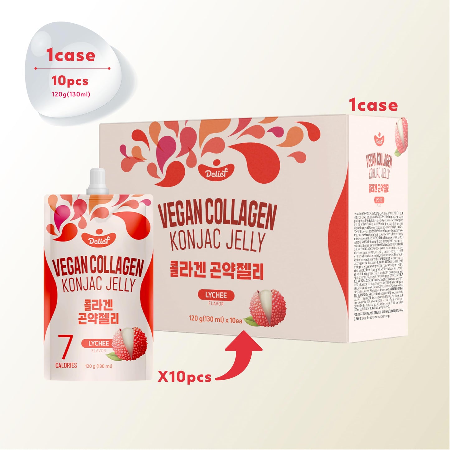 DELIEF Vegan Collagen Konjac Jelly (Lychee Flavor) 120g x 10 Packs - Low-Calorie Fruit Gel Snack, Gluten-Free, Plant-Based, 7 kc
