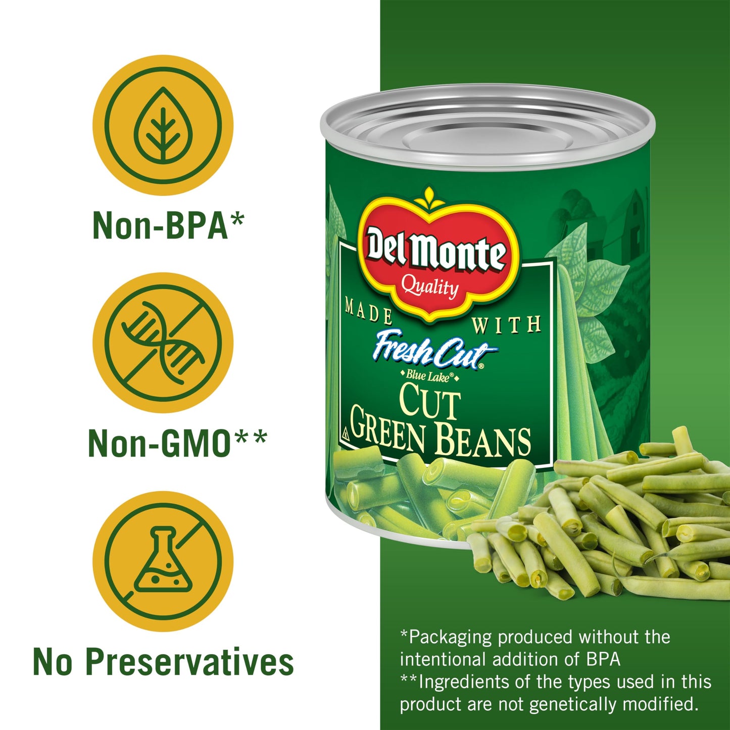 Del Monte FRESH CUT BLUE LAKE Cut Green Beans, Canned Vegetables, 4 Pack, 14.5 oz Cans