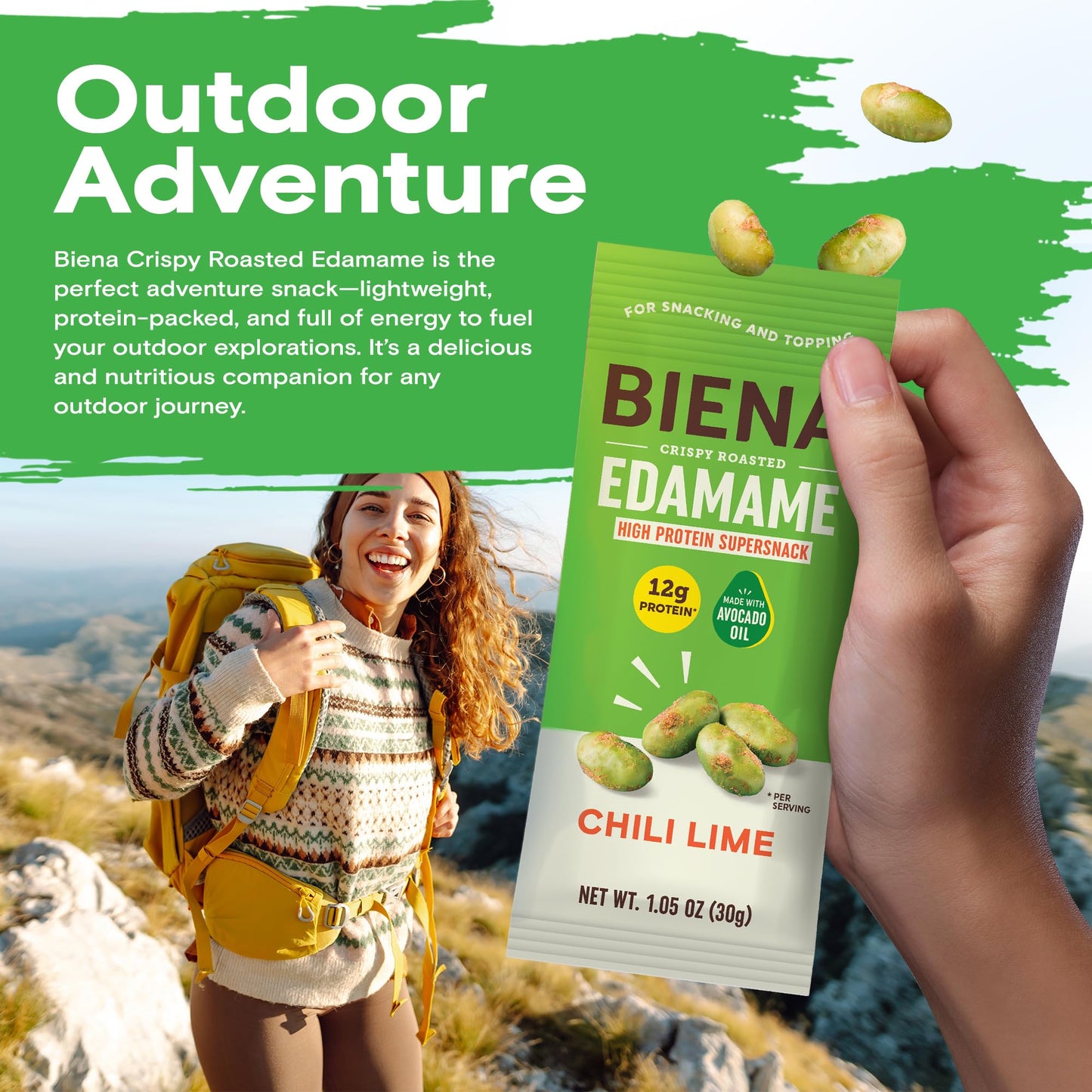 Biena Crispy Roasted Edamame Beans Snack - High Protein Low Carb Snack for Adults & Kids, 12g Protein per Serving - Made w/Avoca