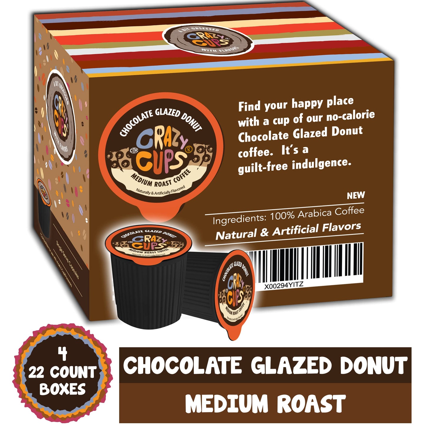 Crazy Cups Flavored Coffee Pods, Chocolate Glazed Donut, Flavored Single Serve Coffee Capsules For All Keurig K Cups Coffee Makers, (88 Count, Pack Of 4)
