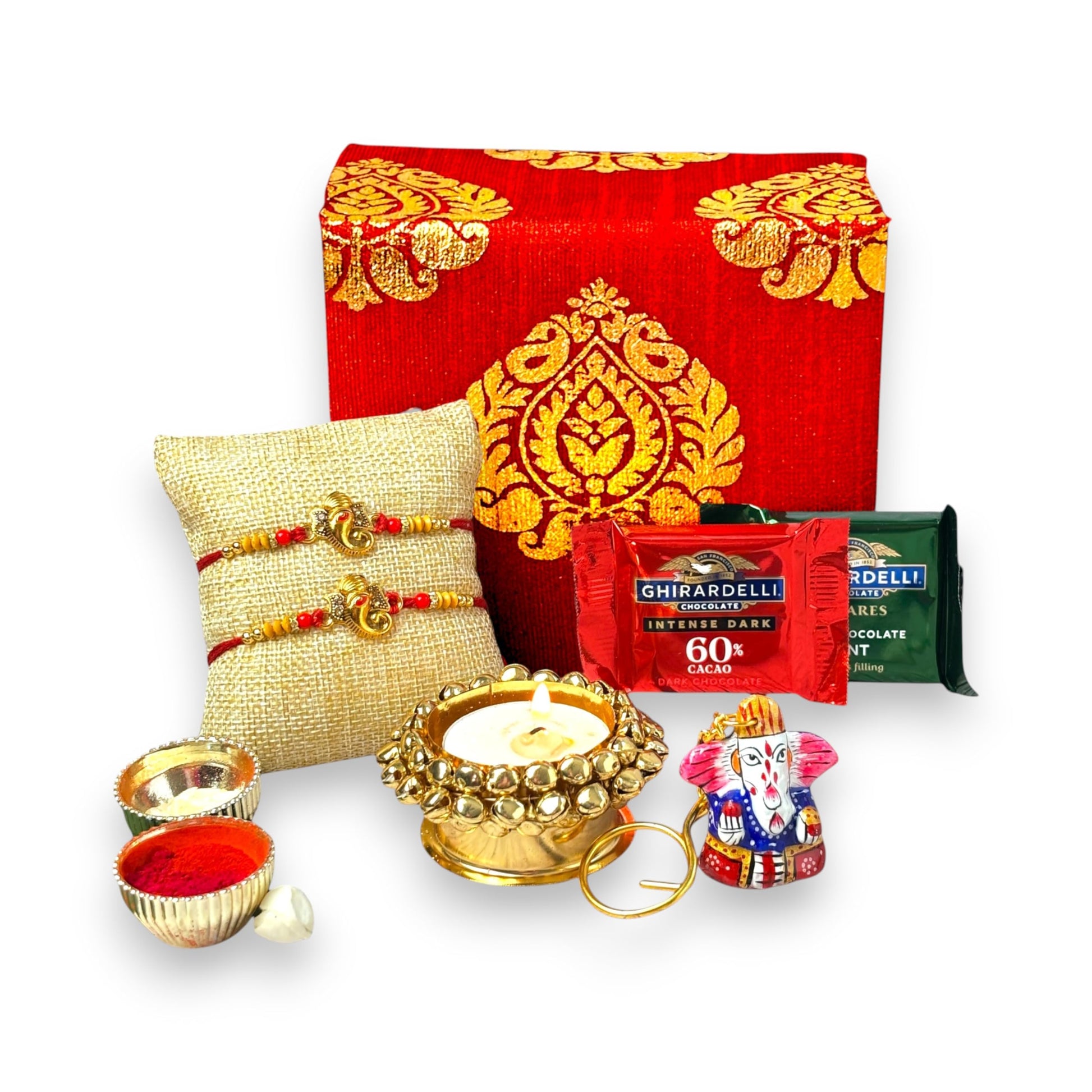Lovenspire Rakhi Gift Hamper For Brother 2Pc Ganesha Rakhi With Candle Holder Ceramic Key Chain Roli Chawal Rakshabandhan Card Chocolates With Top-Grade Brocade Gift Box - Bracelet For Bhai Bhabhi