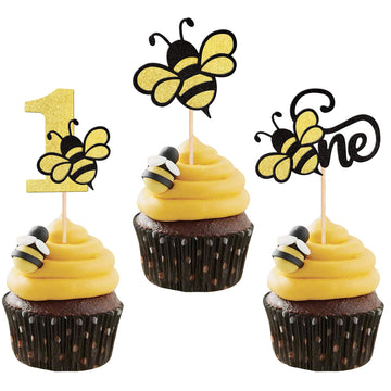 24 Pcs Bumble Bee One Cupcake Toppers Black And Gold Glitter Number 1 Bee Cupcake Picks First Birthday Cake Decorations For Baby