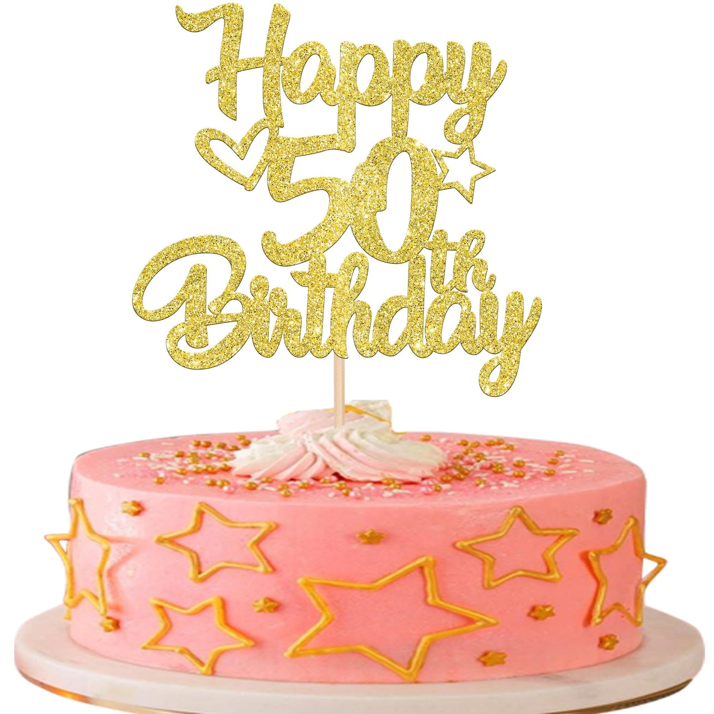 YCTHUNFISH Happy 50th Birthday Cake Topper, Glitter Heart & Star Design, Gold, Bamboo Material