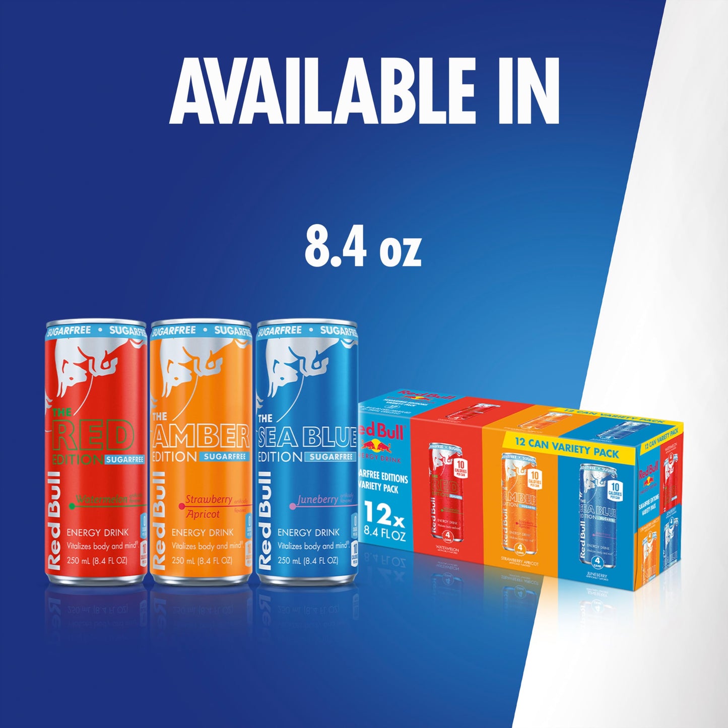 Red Bull Energy Drink Sugar Free Variety Pack  Red  Amber  and Sea Blue  with 80mg Caffeine  Taurine & B Vitamins  8.4 fl. oz  Pack of 12 Cans