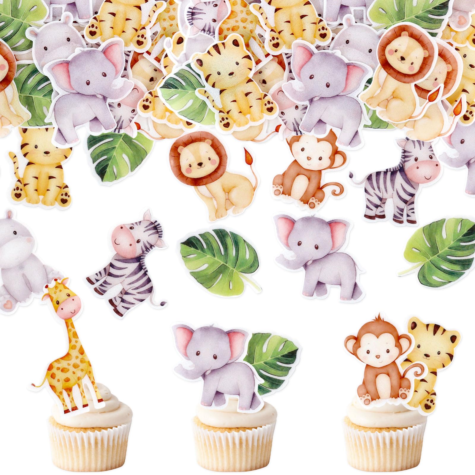 40PCS Edible Animal Cupcake Toppers Edible Wafer Paper Flower Cupcake Picks Baby Shower Baby Girl Boy Birthday Party Drink Toppe