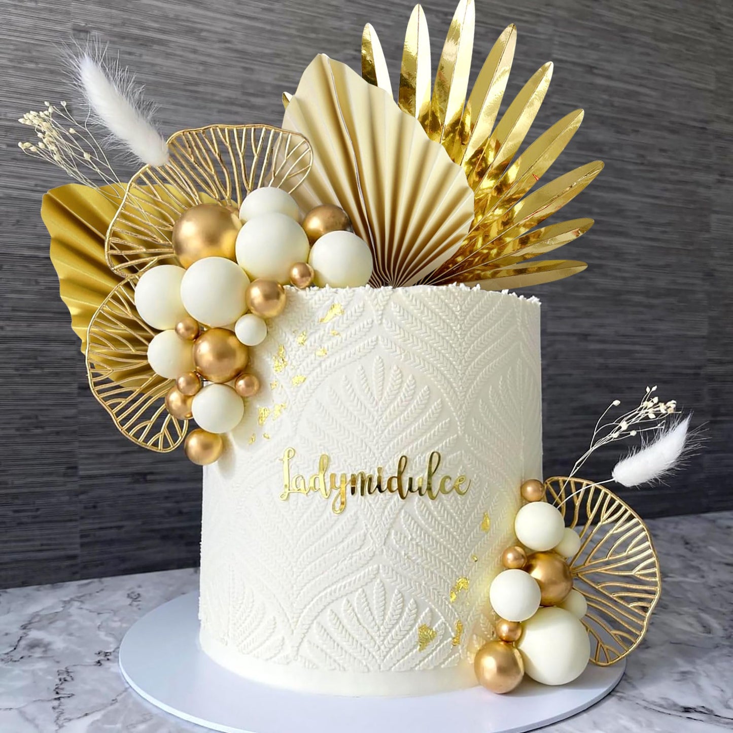 LaVenty Cake Decoration - Champagne Rose with Gold Balls & Palm Leaves, 2x4, Golden Color, Boho Party Supplies