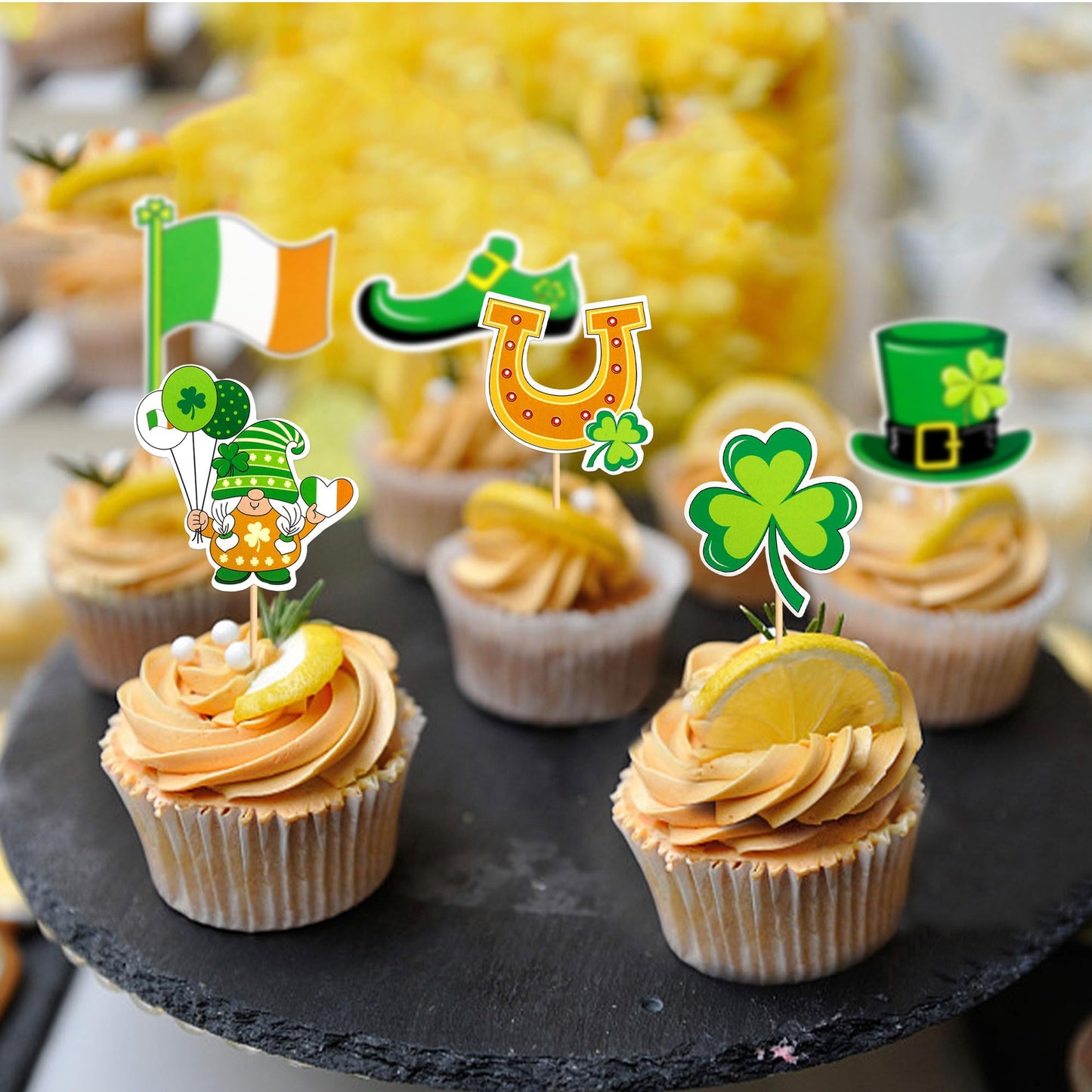 Ercadio 24 Pack Happy St Patrick'S Day Cupcake Toppers Glitter Four Leaf Clover Shamrock Cupcake Picks Green Hat Cupcake Toppers