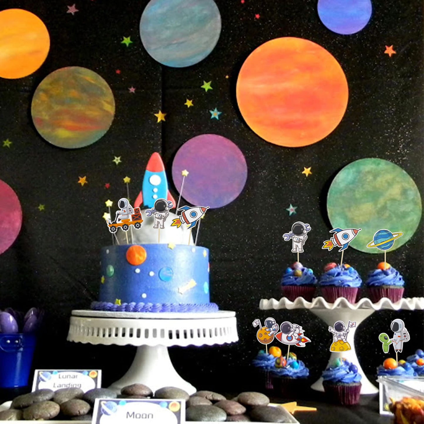Gyufise 40Pcs Space Astronaut Cupcake Toppers Rocket Planet Trip To The Moon Cupcake Picks Decorations For Baby Shower Boys Girl