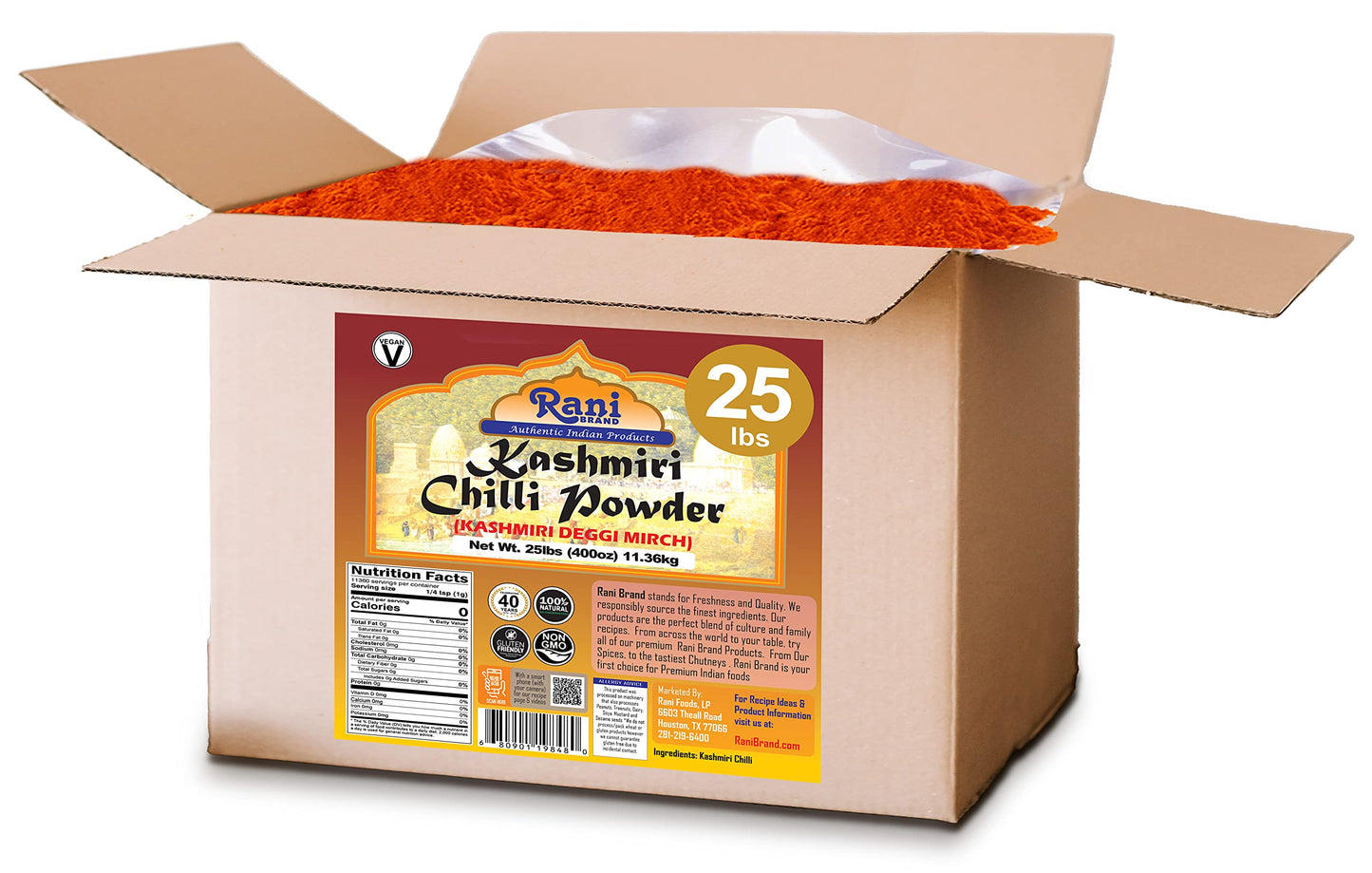 Rani Kashmiri Chilli Powder (Deggi Mirch, Low Heat) Ground Indian Spice 400oz (25lbs) 11.36kg Bulk Box ~ All Natural | Salt-Free
