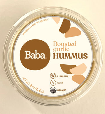 Baba Organic Hummus (8 Oz) - Usda Organic, Gluten Free, Vegan, Non-Gmo, Cholesterol Free, Zero Preservatives (Roasted Garlic Hum