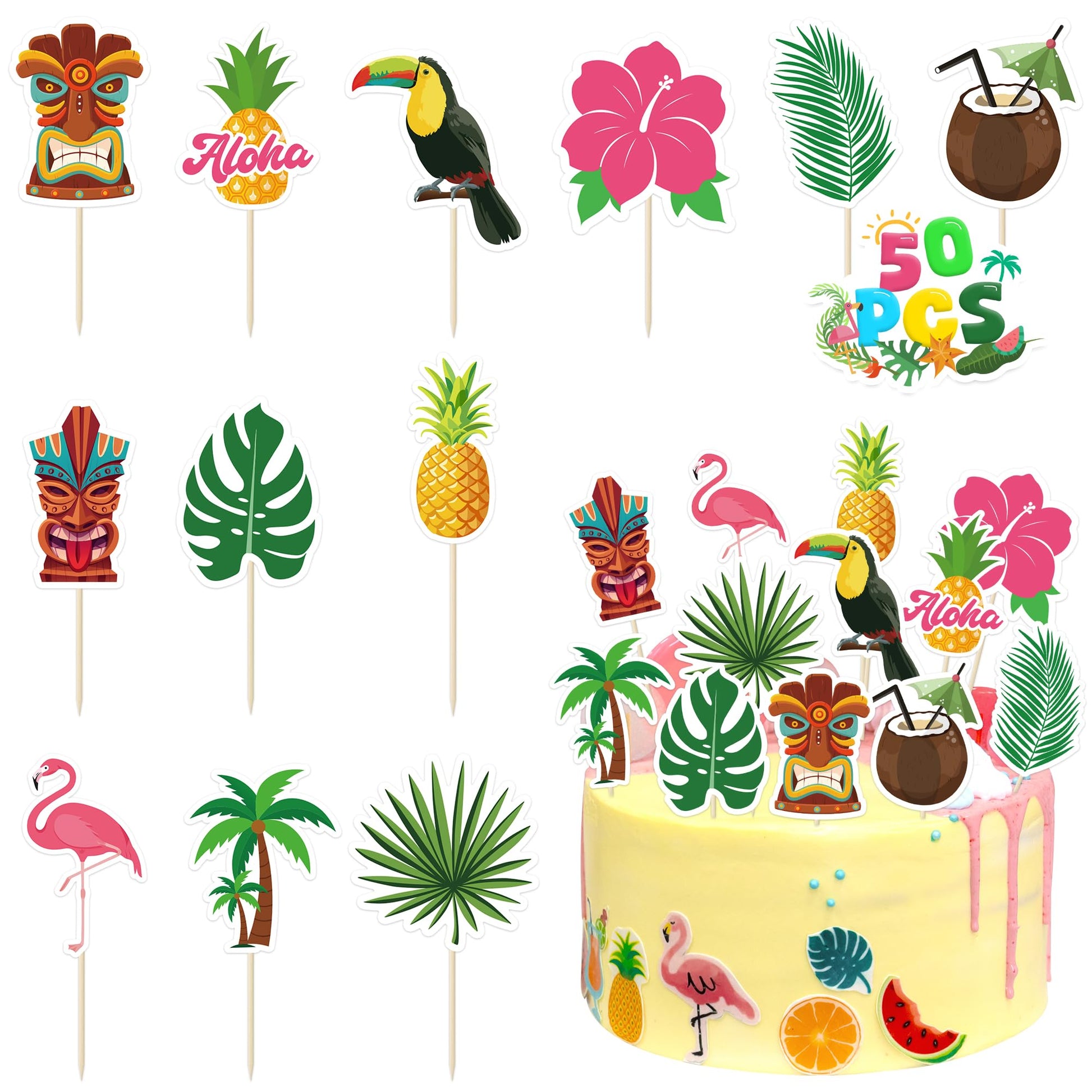 50 Pcs Tropical Cake Sticks, Disposable Tiki Flamingo Pineapple Palm Leaf Cake Toppers, Luau Cake Decorations for Summer Hawaiia