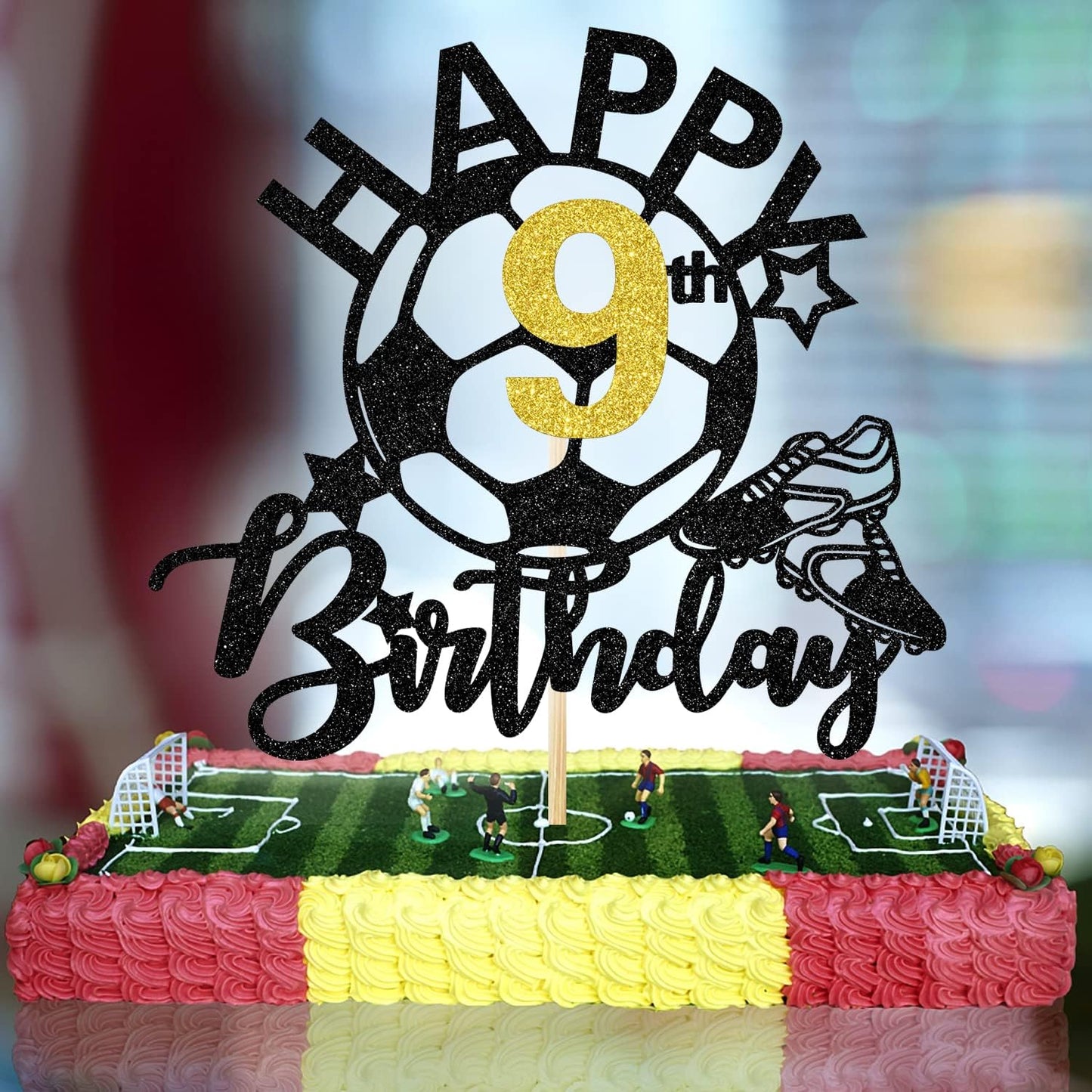 Aeryourtar Glitter Soccer Cake Topper, Paper Decoration for 9th Birthday Party, Soccer Theme, Kids Birthday Supplies