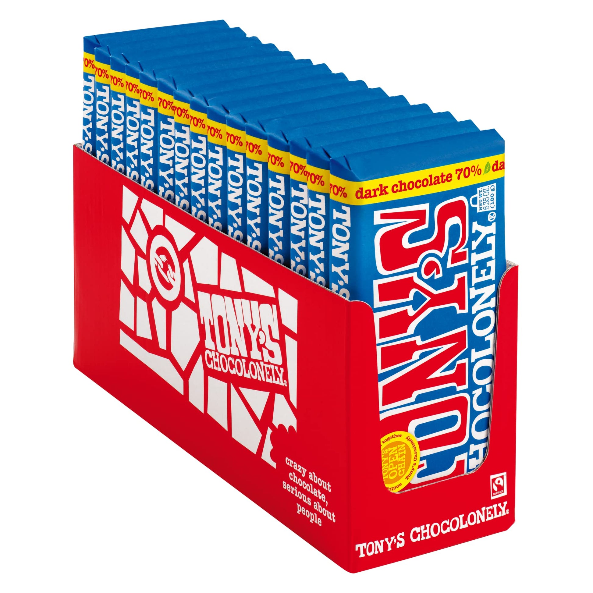Tonys Chocolonely 70% Dark Chocolate Bar, 6.35 Ounce, 15 Pack