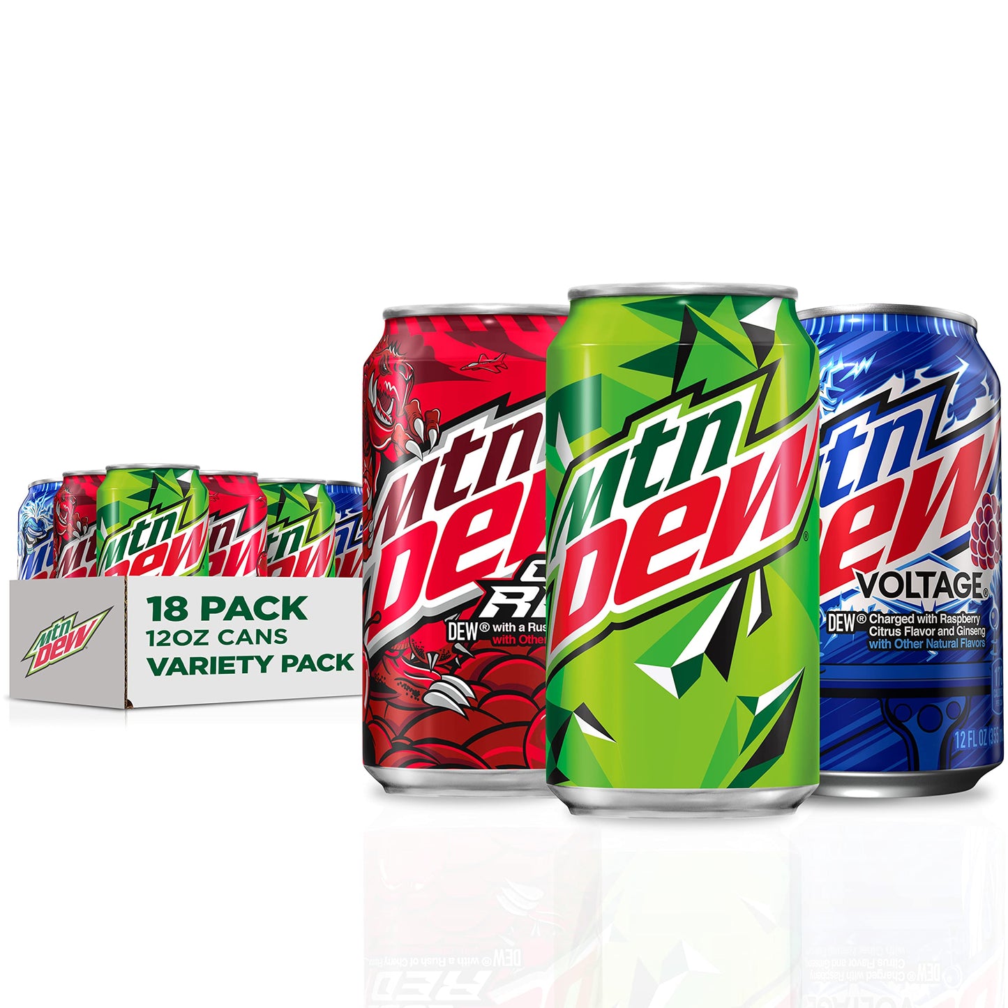 Mountain Dew 3 Flavor Variety Pack - Dew, Code Red, Voltage, 12 Fl Oz, Pack of 18