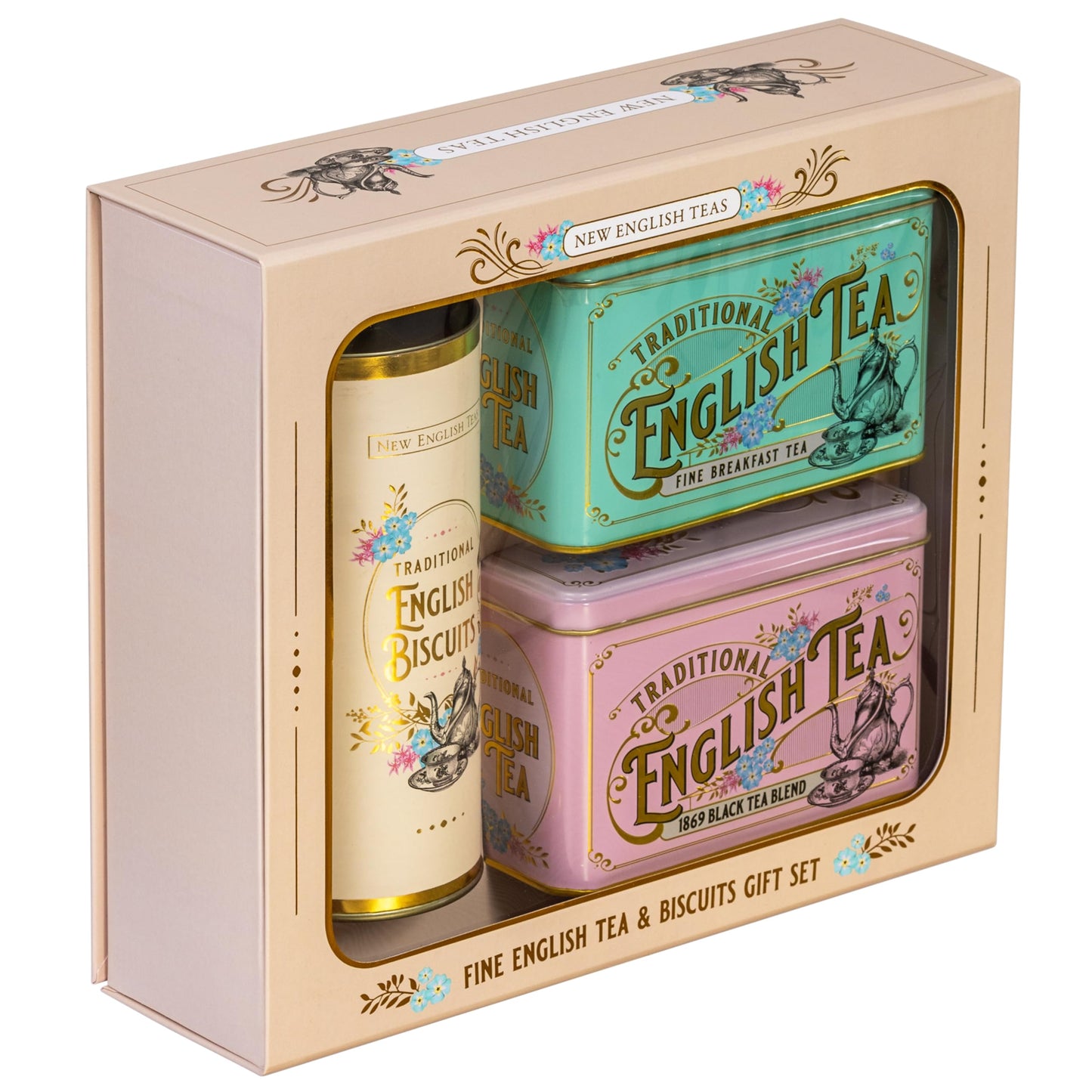 New English Teas Vintage Victorian Tea & Cookies Gift Set With 80 Fine English Teabags, 2 Tea Caddies And Luxury Cornish Biscuit