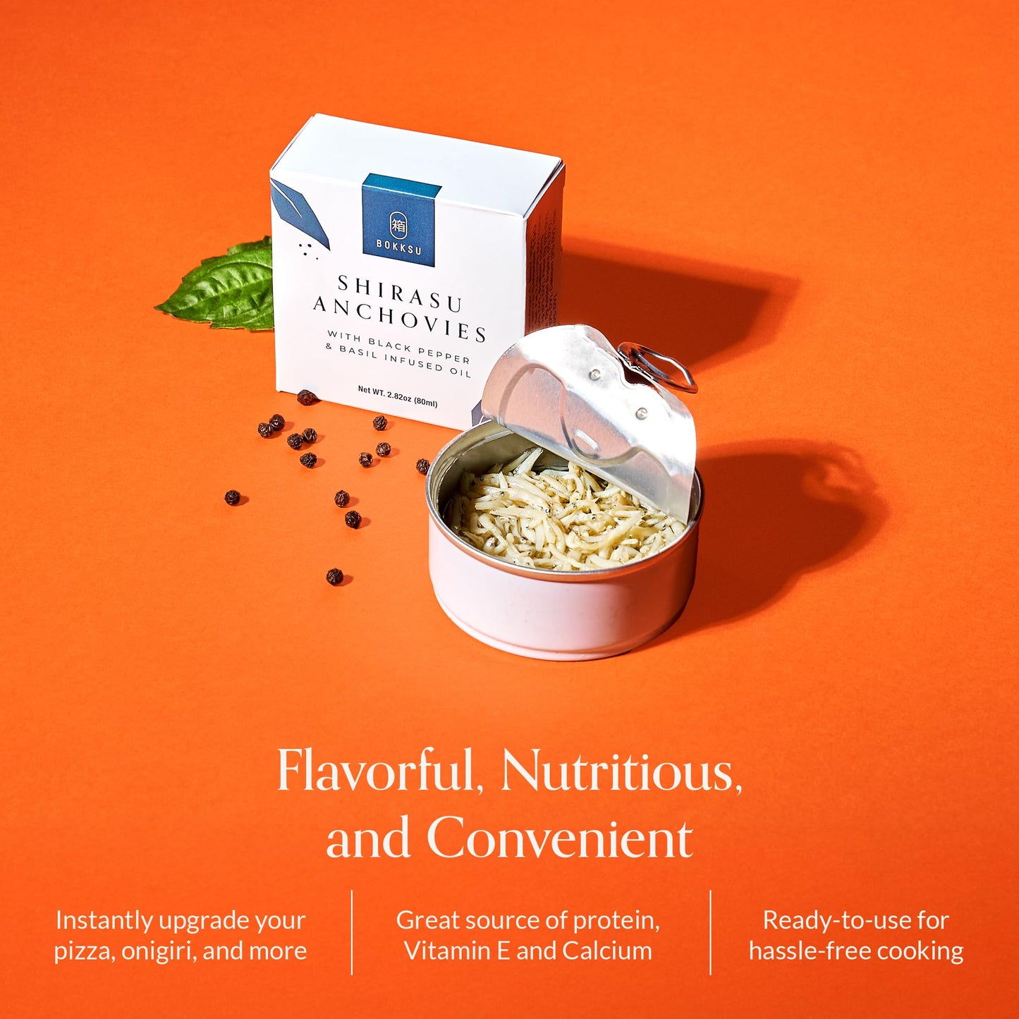 Bokksu Tinned Anchovies with Black Pepper & Basil Oil - 4-Pack, Authentic Japanese Canned Fish for Onigiri, Rice, Salads, Pasta, Pizza