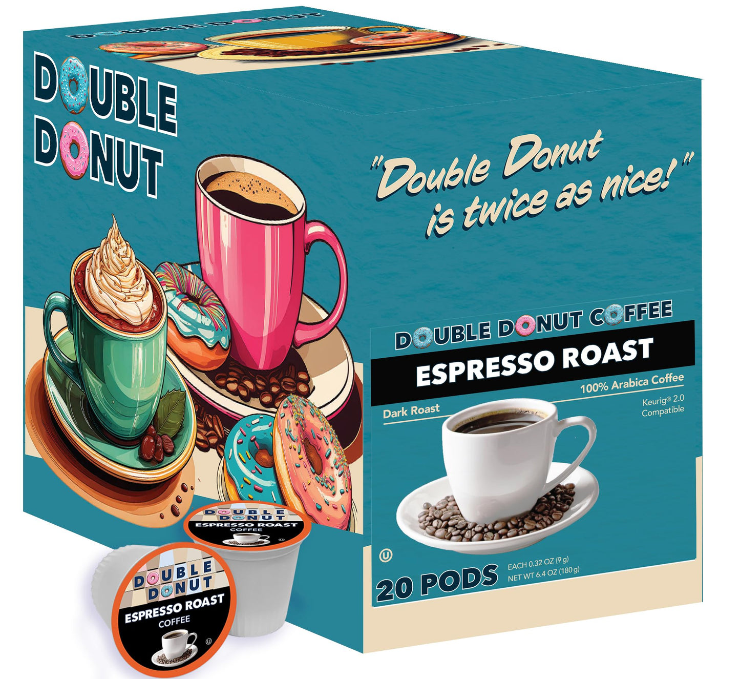 Double Donut Coffee Espresso Roast Blend, 20 Count Recyclable Pods for Keurig K Cup Machine