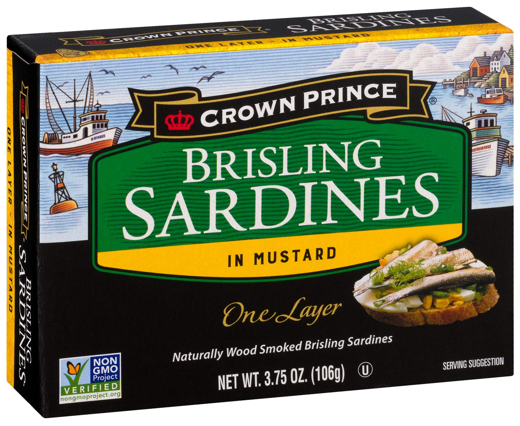 Crown Prince Brisling Sardines in Mustard, 3.75 oz Cans, Pack of 12