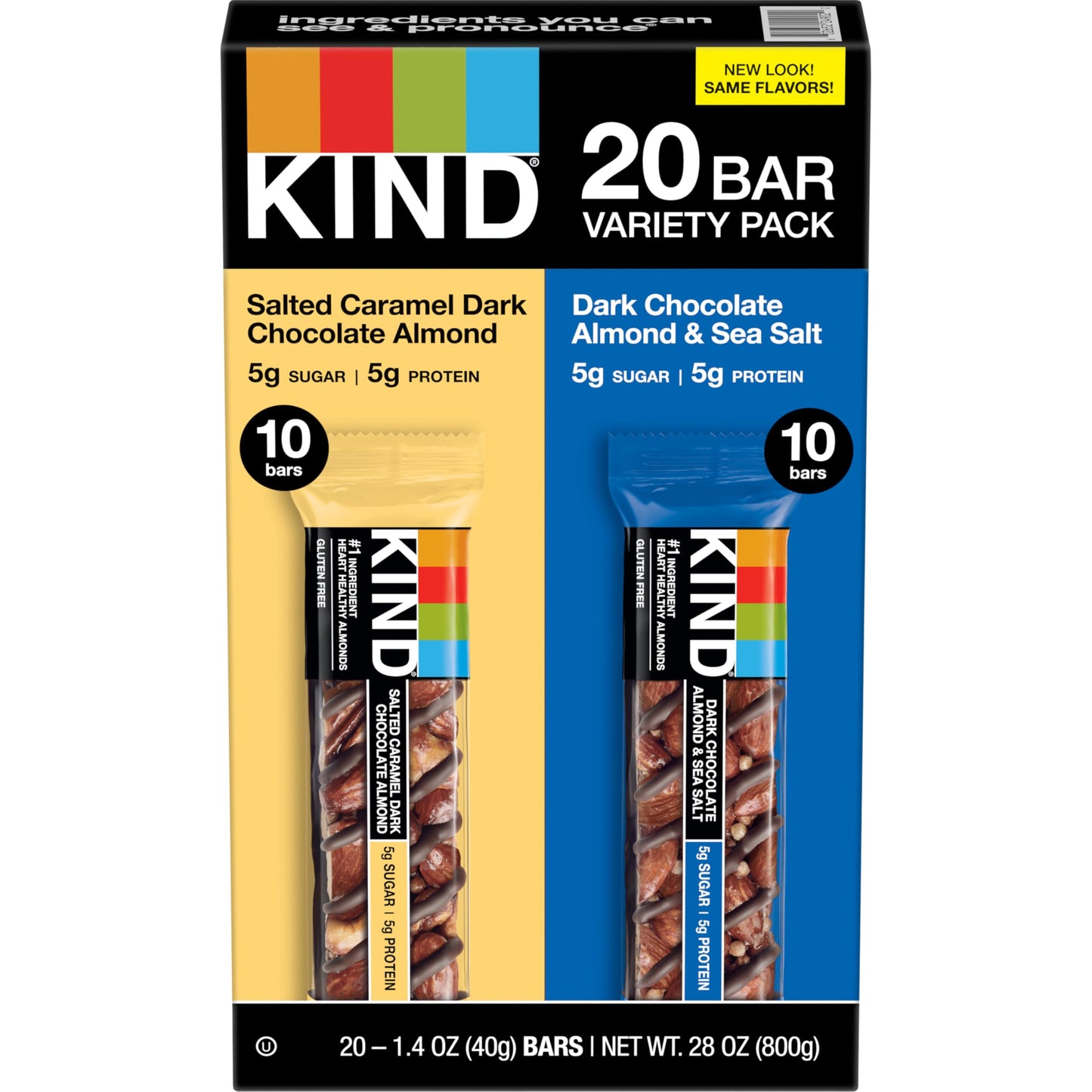 Kind Nut Bars, Variety Pack, Salted Caramel Dark Chocolate Almond, Dark Chocolate Almond & Sea Salt, Healthy Snacks, Good Source Of Fiber, Gluten Free, Low Sugar, 5G Protein, 20 Count