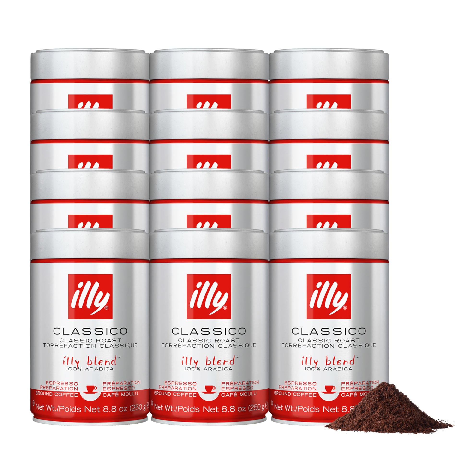 Illy Ground Espresso Coffee, Classico Medium Roast, 100% Arabica, 8.8oz (Pack of 12)