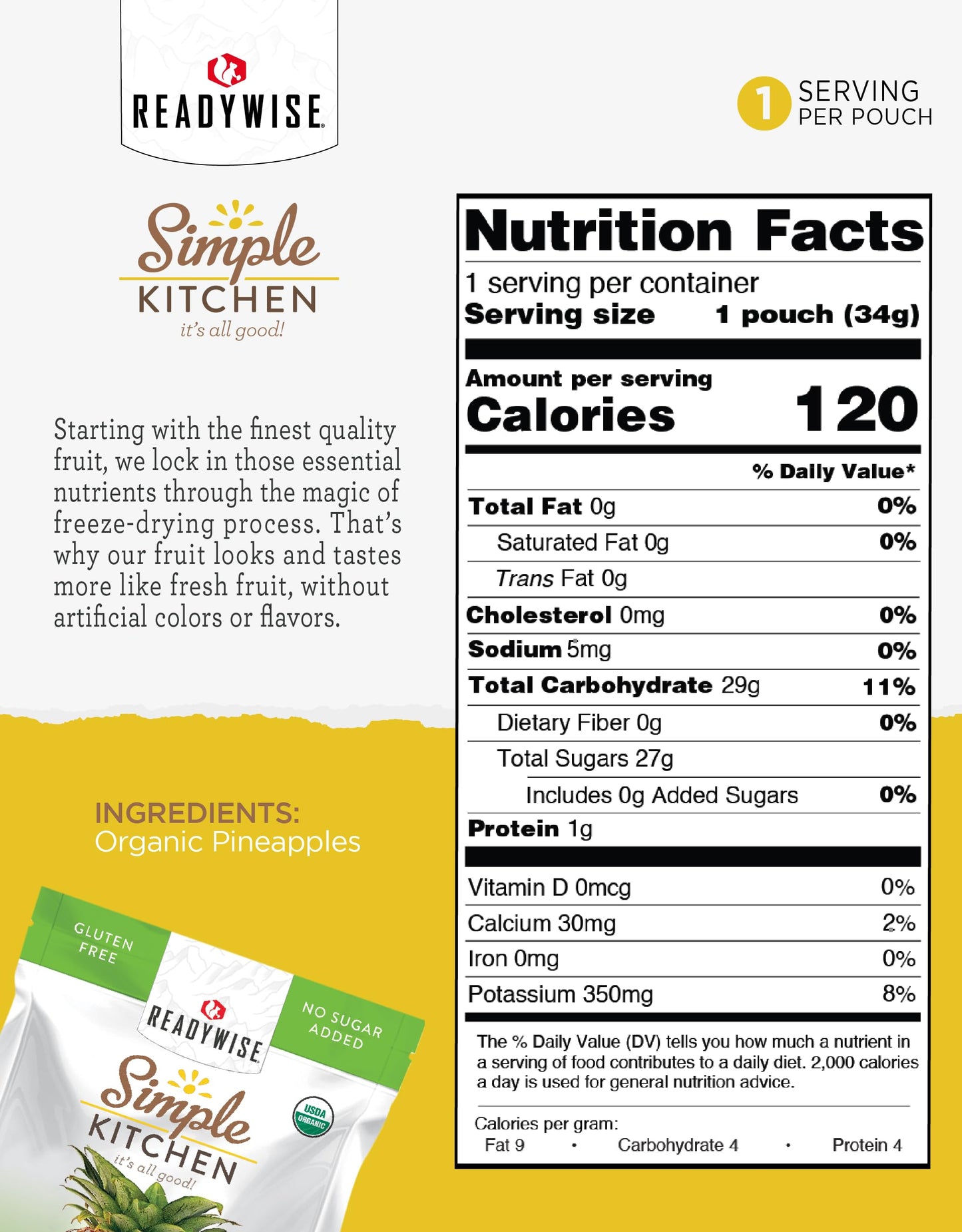 ReadyWise Freeze-Dried Organic Pineapples, 1 Pack, Vegetarian, Gluten Free, Model RWSK05-016, Healthy Snacks, Dried Fruit