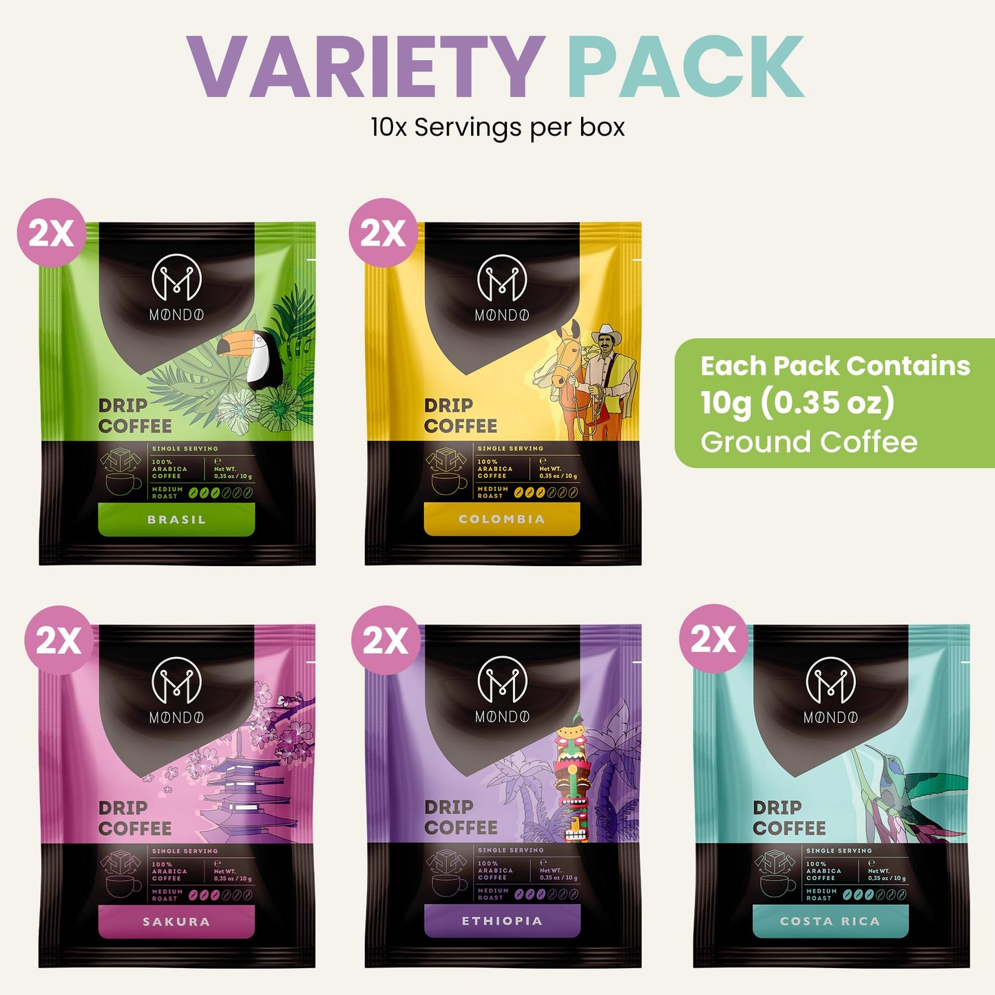 Mondo Drip Coffee Mix (10-Pack Variety), Single Serve Pour Over Filter Bags, Pre-Filled 100% Arabica, Medium Roast