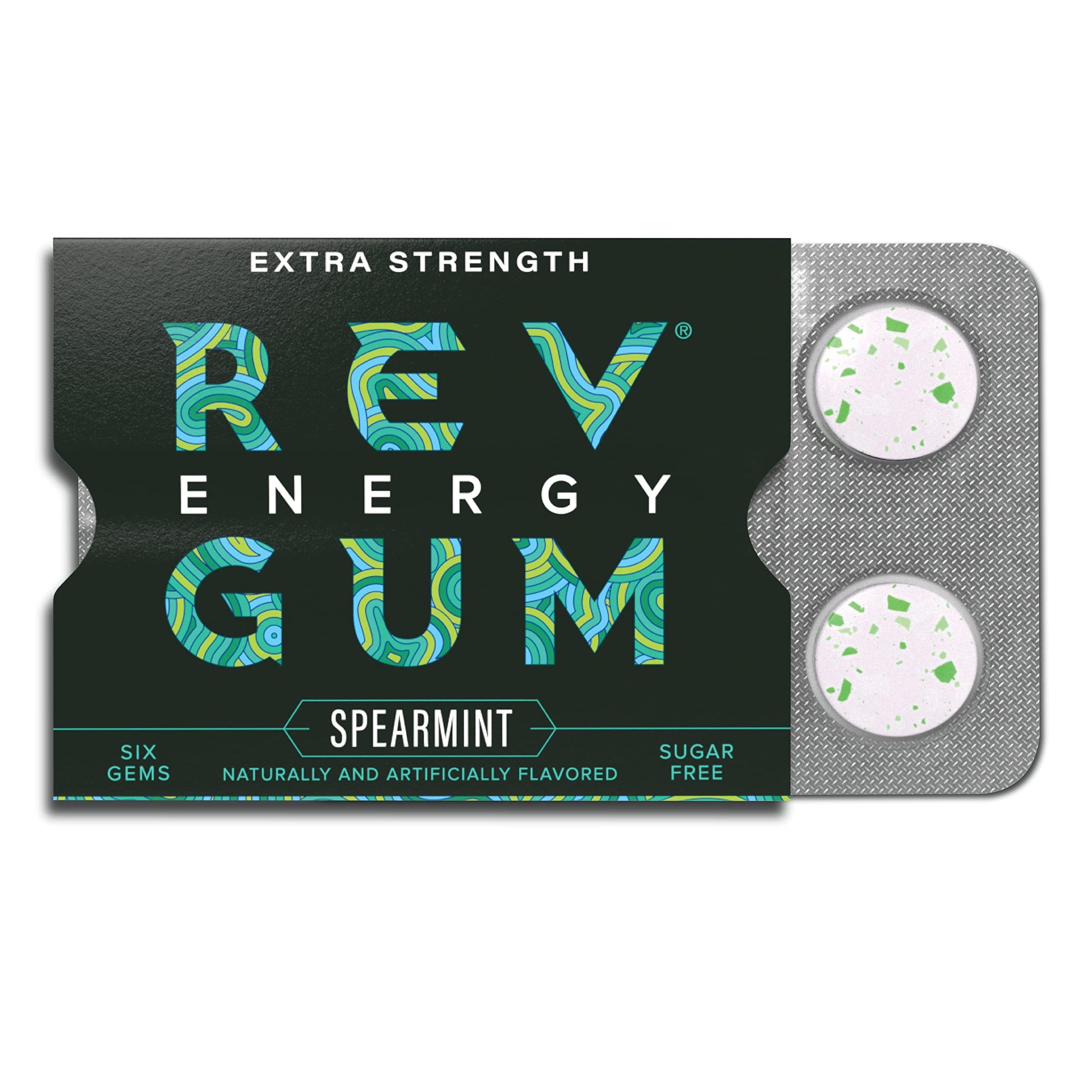 Rev Gum Caffeine Energy Gum | Extra Strength 100mg of Caffeine per Gem | Spearmint Sugar Free Caffeine Gum - Low Calorie Chews to Help You Stay Alert  Awake and Focused - Mint Chewing Gum - 12 Packs