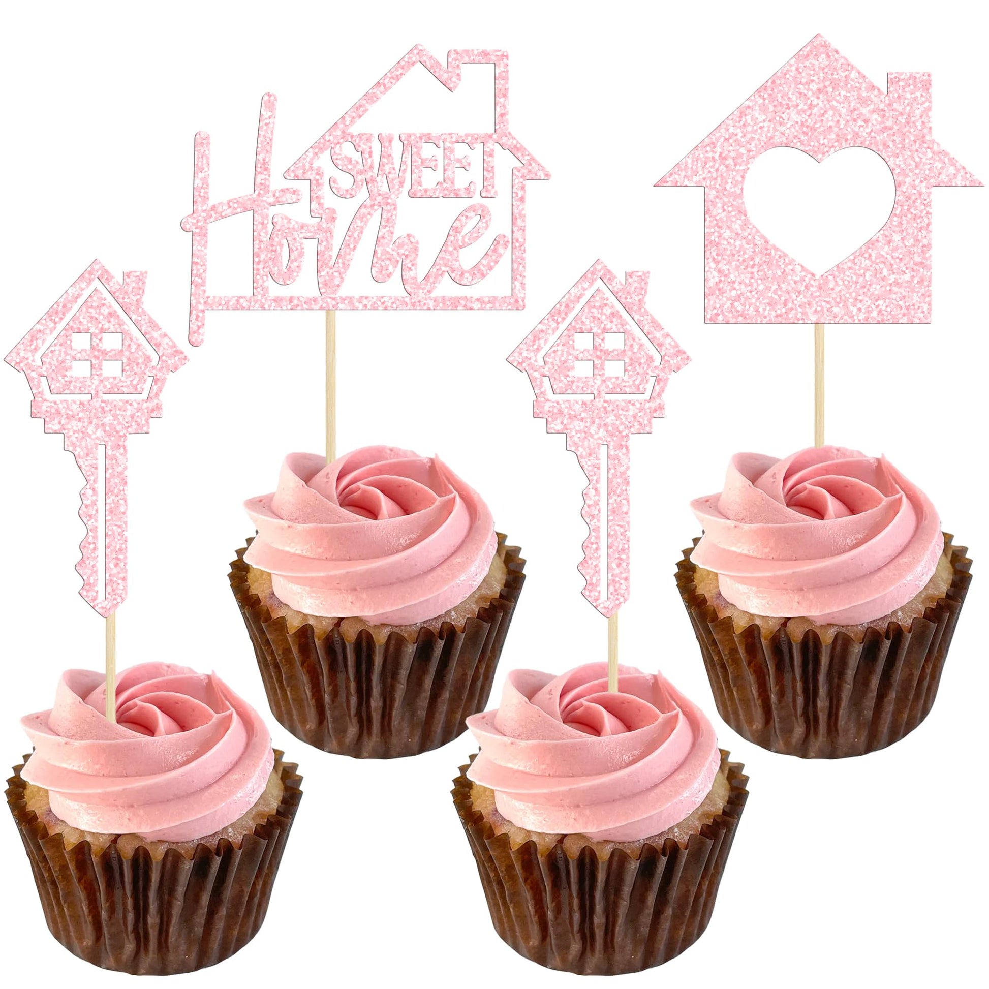 Gyufise Cupcake Toppers - 24 Pack Glitter Housewarming Picks, Light Pink, Paper