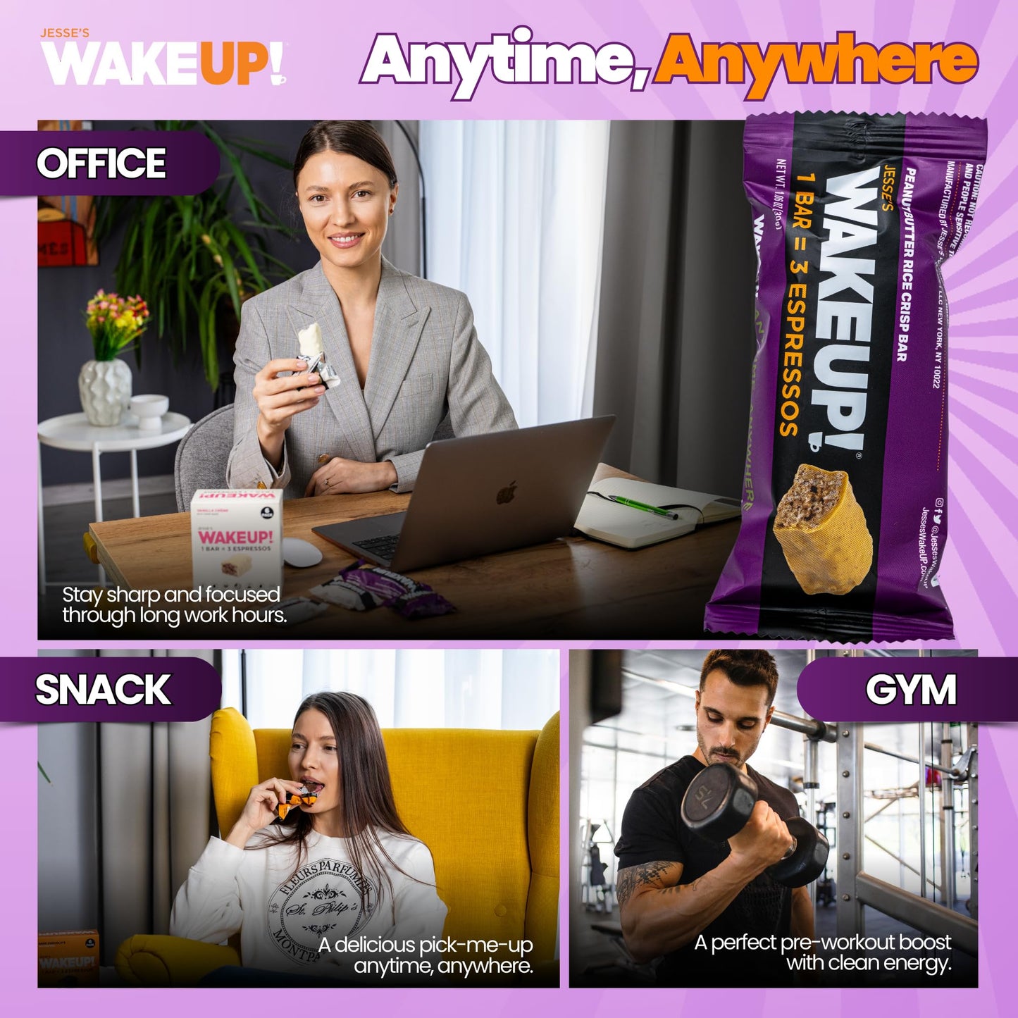 Jesses WakeUP! Peanut Butter Protein Bars - 350mg Caffeine, Gluten-Free, Vegetarian, 6 Pack