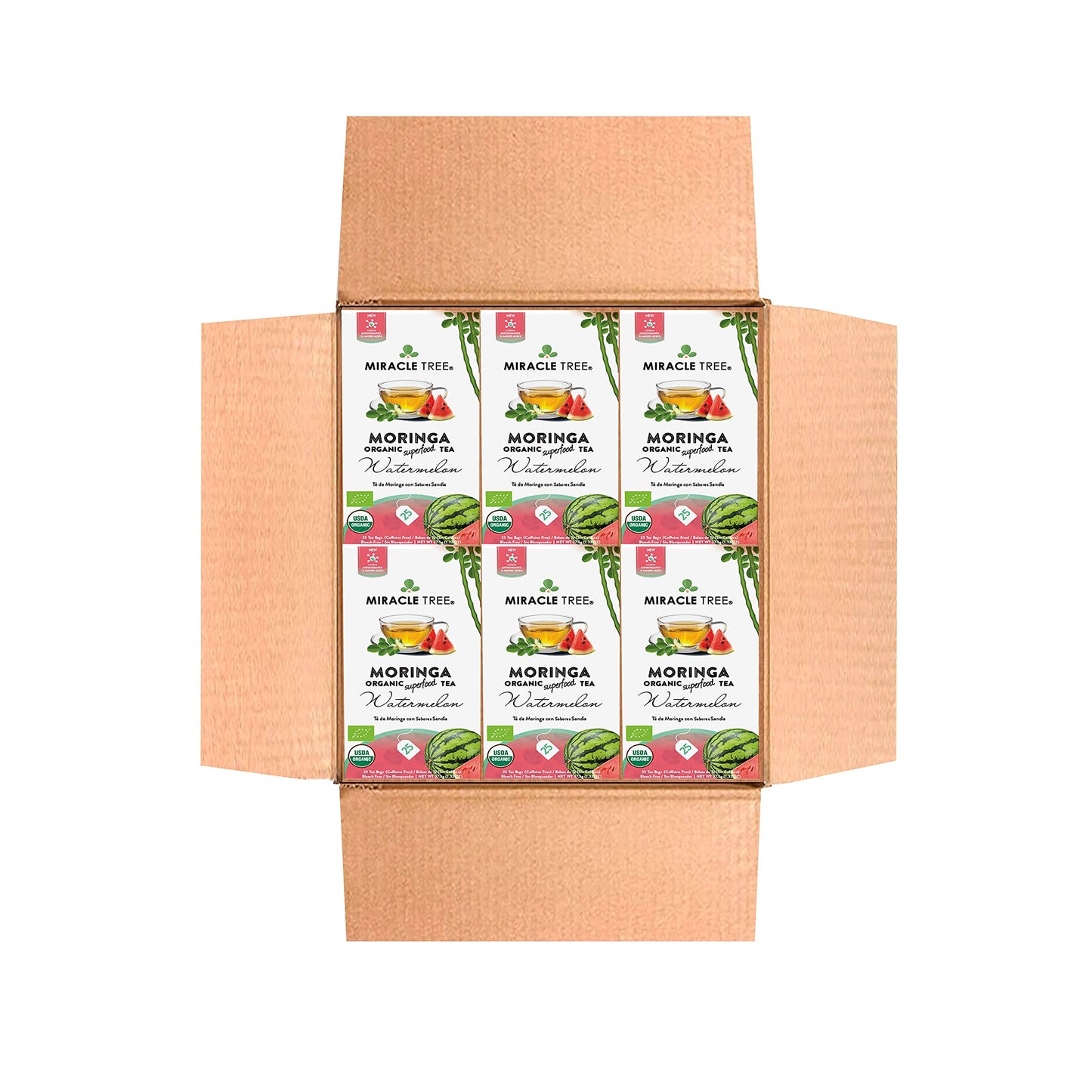 Miracle Tree Organic Moringa Superfood Tea - 25 Sealed Bags, Watermelon Flavor, 6 Count, Vegan, Gluten-Free, Caffeine-Free