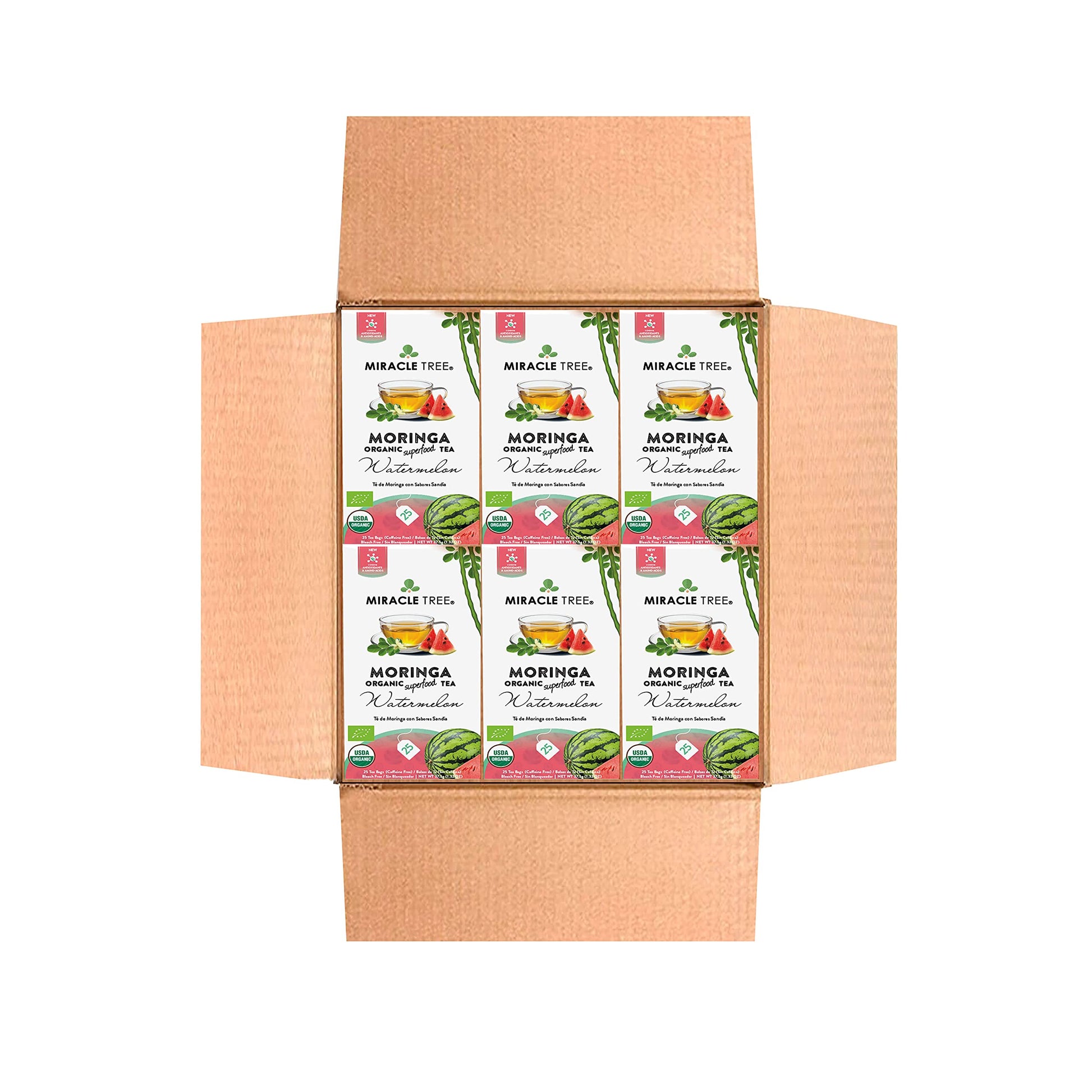 Miracle Tree Organic Moringa Superfood Tea - 25 Sealed Bags, Watermelon Flavor, 6 Count, Vegan, Gluten-Free, Caffeine-Free