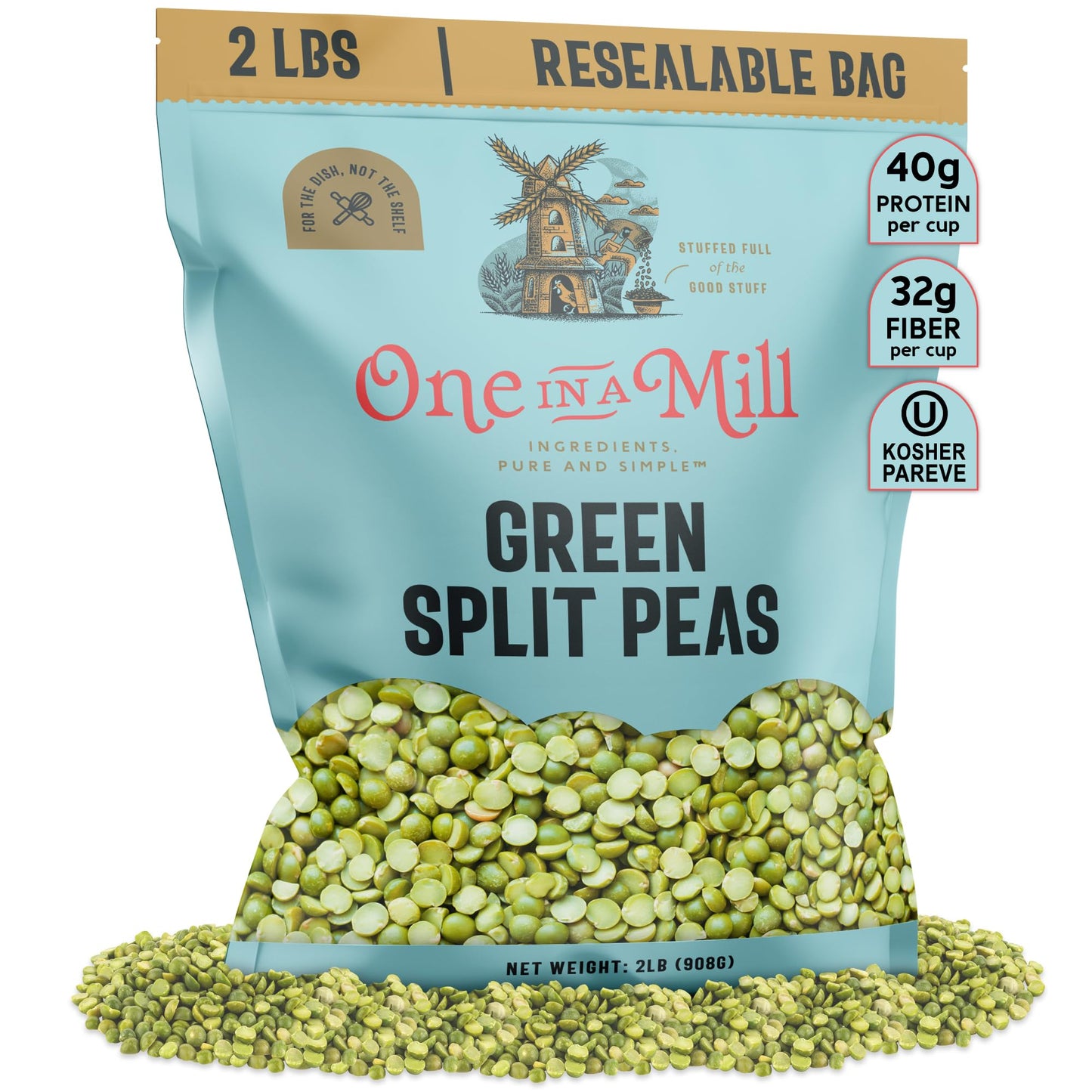 ONE IN A MILL Dried Green Split Peas 2LB Resealable Bag | For Soup, Stews, & Curries | All-Natural Plant-Based Protein | OU Kosh