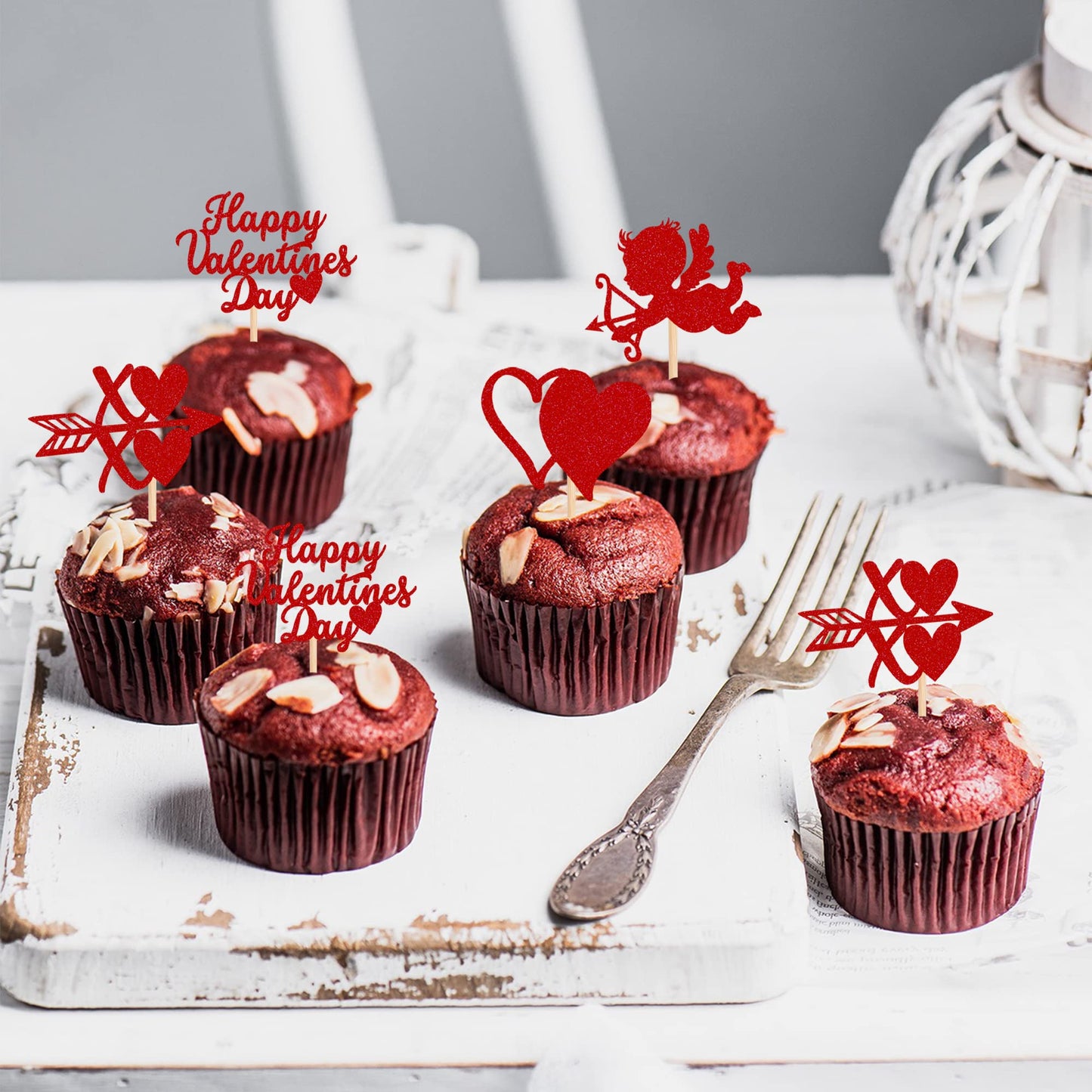 ZHUOWEISM 24 PCS Cupcake Toppers Glitter Heart XOXO Cupid Design 2 Red Bamboo Small Party Decorations