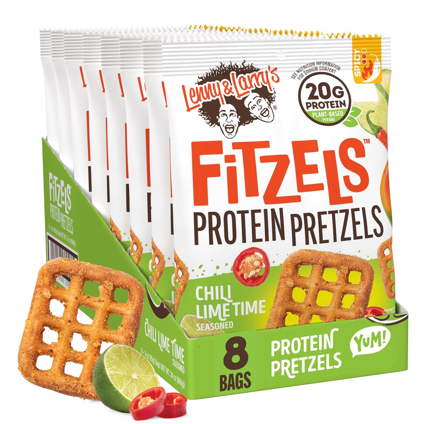 Lenny & Larrys FITZELS Protein Pretzels, Chilli Lime, 20g Plant-Based Protein, 3 oz Each (Pack of 8)