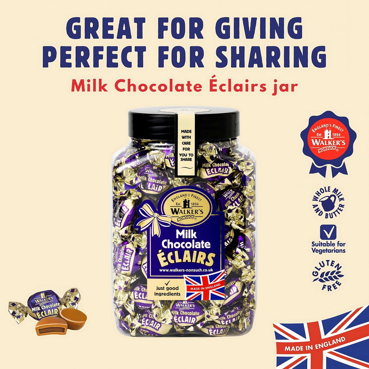 Walkers Nonsuch English Milk Chocolate Toffee Eclairs Jar, Whole Milk & Butter Toffee Sweets – Traditional British Chewy Candy Gift, Gluten Free, Imported From Uk, 44.09 Oz (1.25 Kg)