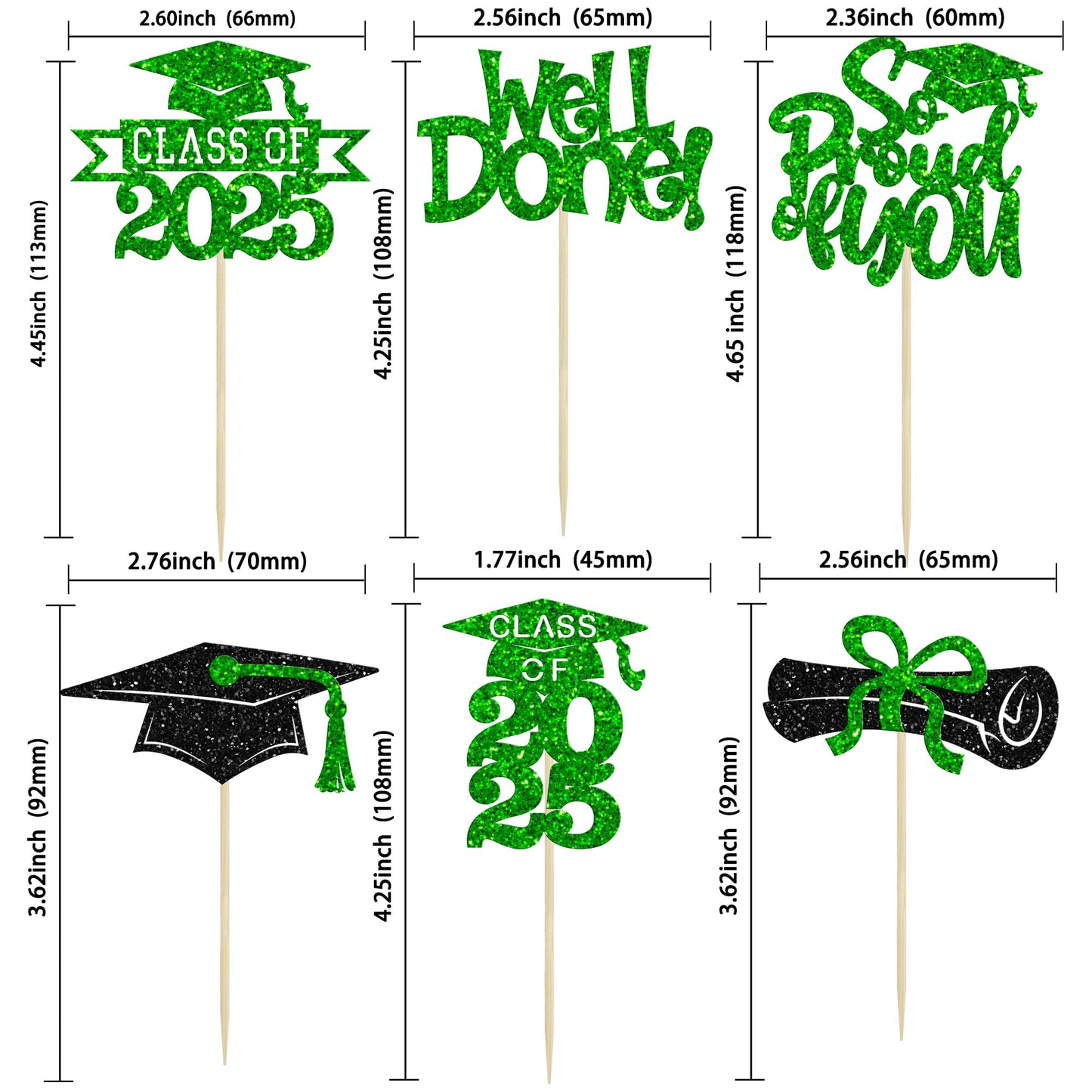 Gyufise Cupcake Toppers, 24 Pcs, Glitter Graduation Congrats Grad 2025, Green, Paper