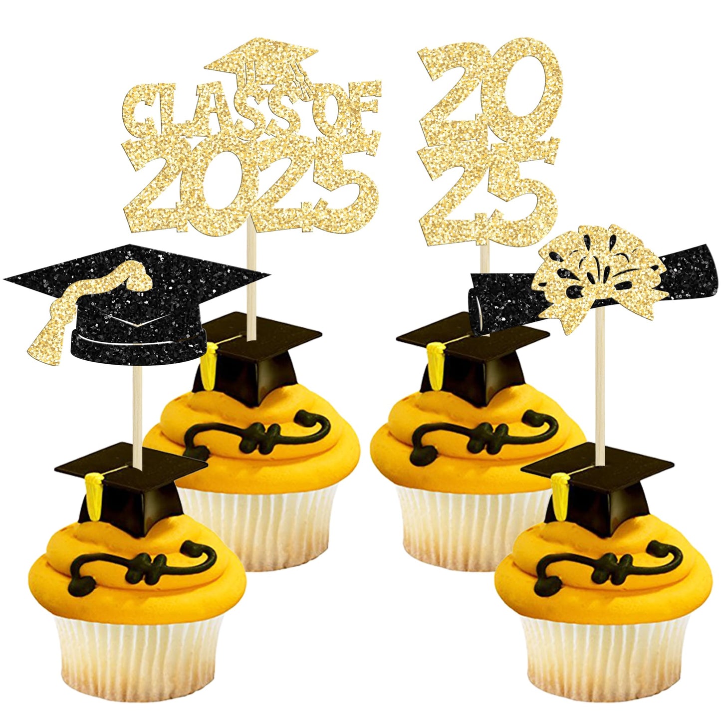 Ephlyn Graduation Cupcake Toppers, 36Pcs Gold Glitter Class of 2025, Congrats Grad Picks for Cake Decorations