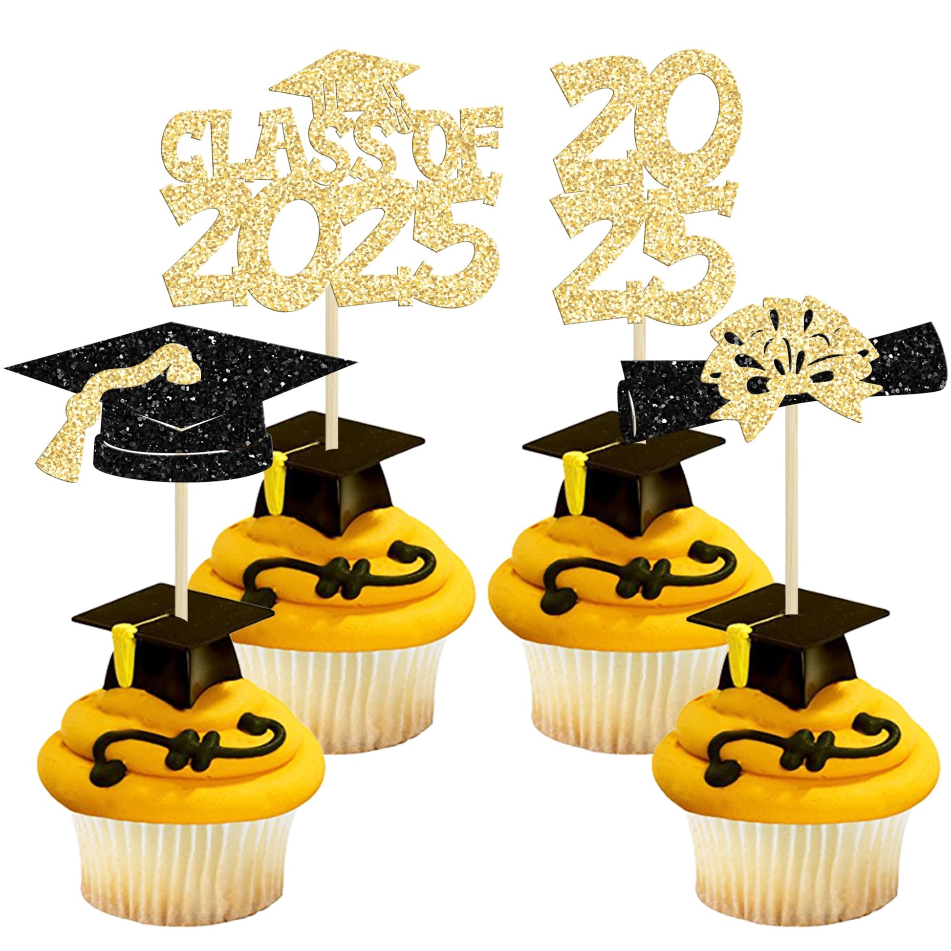 Ephlyn Graduation Cupcake Toppers, 36Pcs Gold Glitter Class of 2025, Congrats Grad Picks for Cake Decorations