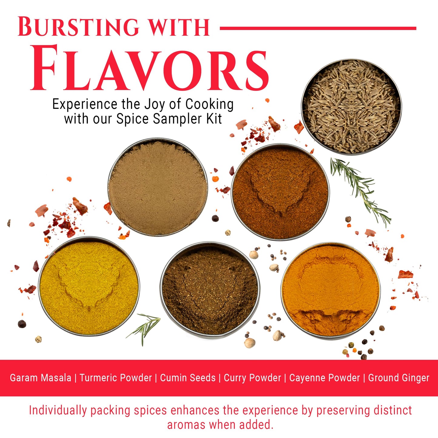 Indian Spice Sampler Kit Gift Set By Flavor Temptations | 6 Salt-Free, Gluten-Free Spices Including Garam Masala, Turmeric, Cumi