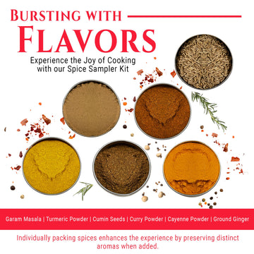 Indian Spice Sampler Kit Gift Set By Flavor Temptations | 6 Salt-Free, Gluten-Free Spices Including Garam Masala, Turmeric, Cumi
