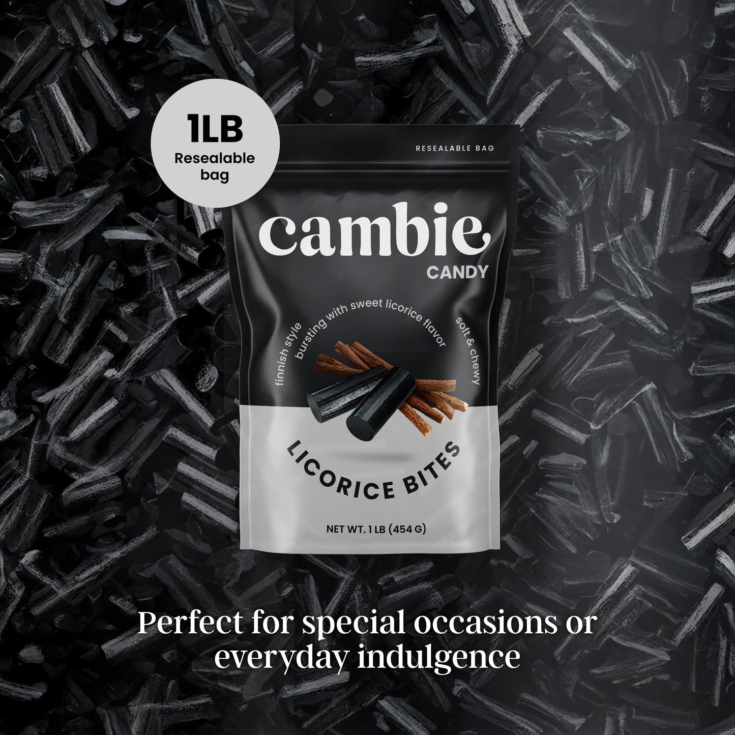 Cambie Soft Black Licorice  1 lb of Bold & Sweet Licorice Candy  Soft  Chewy & Bursting with Strong Flavor in Bite Sized Candy  Packaged in a Bulk Resealable Pouch
