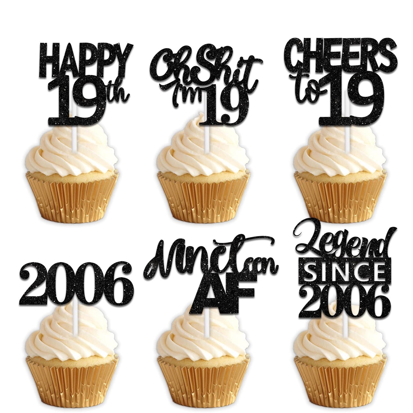 18pcs Black Glitter Happy 19th Dessert Cupcake Topper Pick for Funny Legend Since 2006 Theme Decor Supplies Men Women Happy 19 B