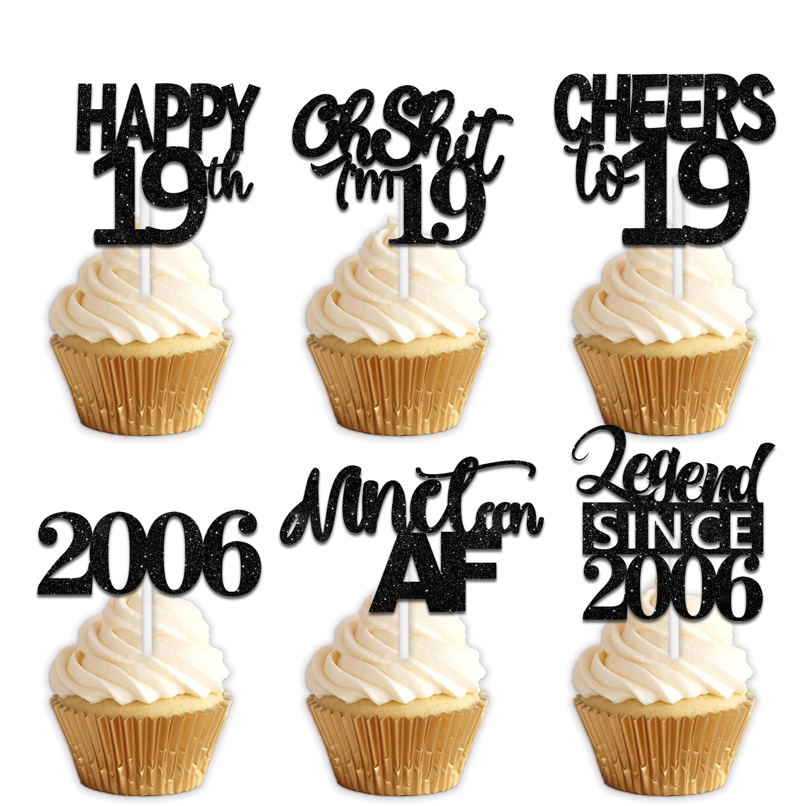 18pcs Black Glitter Happy 19th Dessert Cupcake Topper Pick for Funny Legend Since 2006 Theme Decor Supplies Men Women Happy 19 B