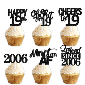 18pcs Black Glitter Happy 19th Dessert Cupcake Topper Pick for Funny Legend Since 2006 Theme Decor Supplies Men Women Happy 19 B